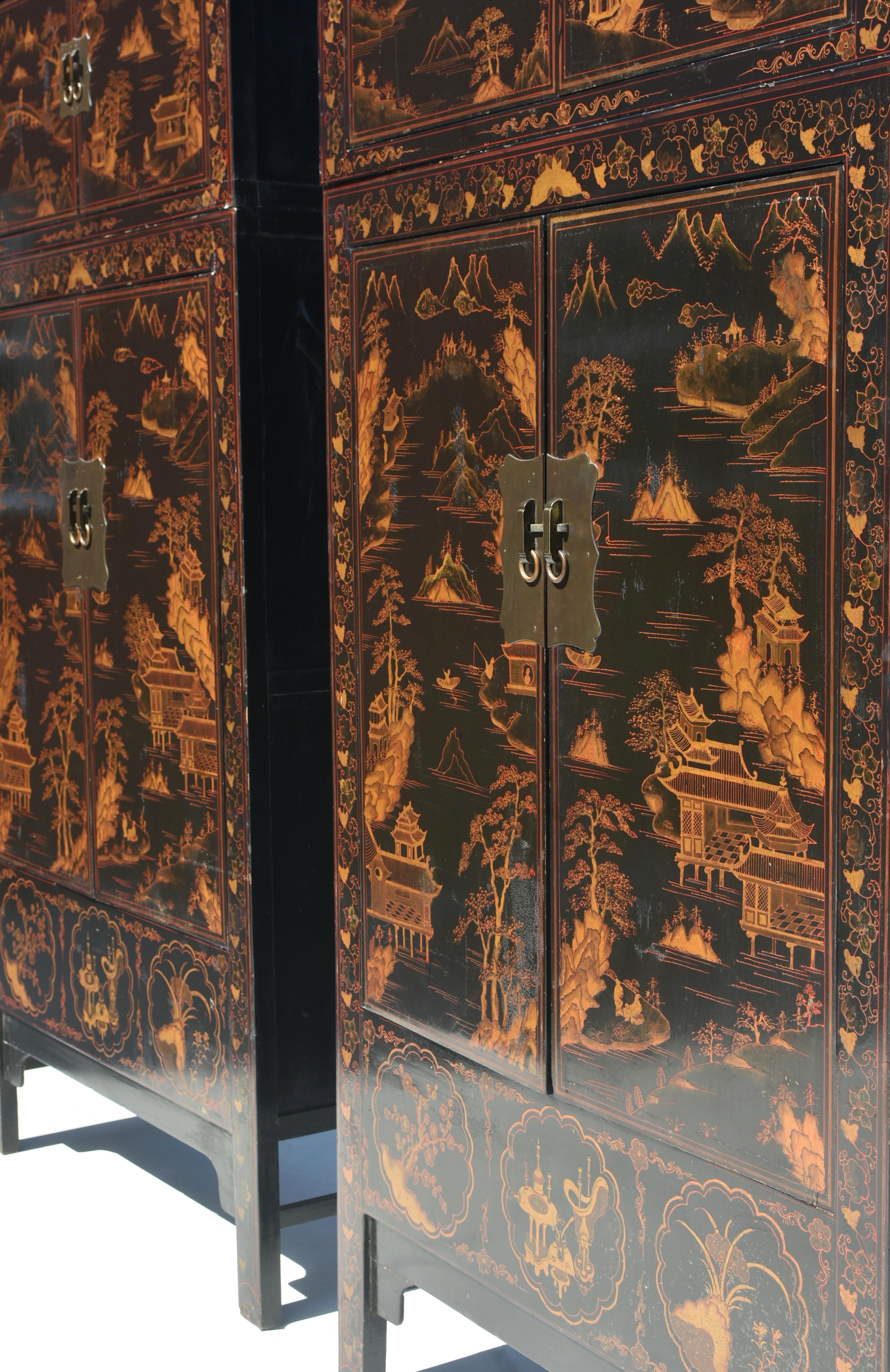 Pair Monumental Chinese Black Lacquered Chinoiserie Painted Cabinets 3