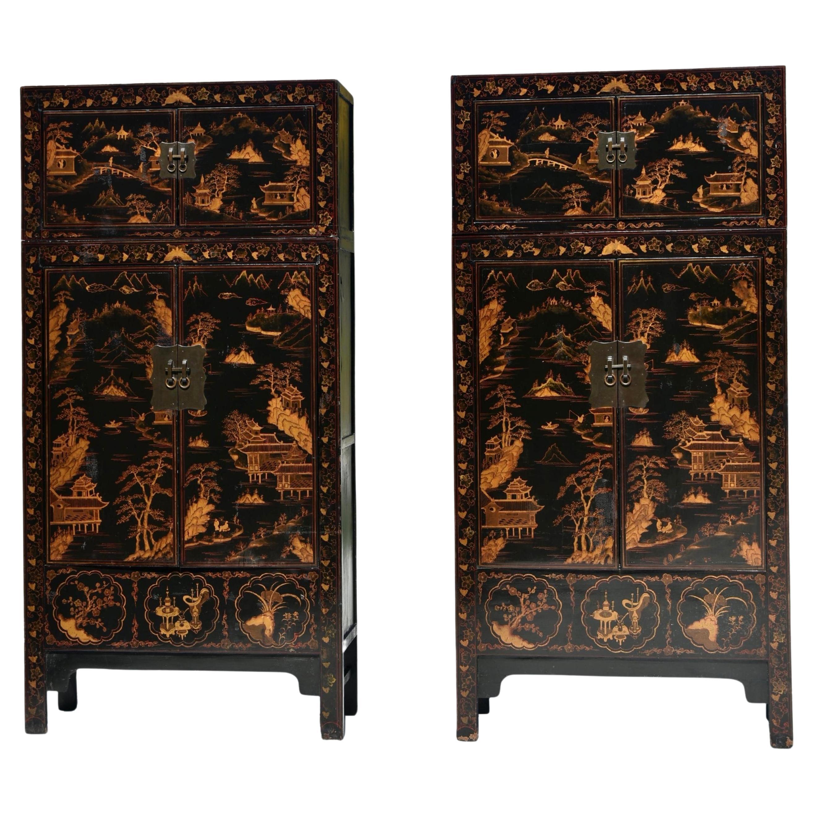 Pair Monumental Chinese Black Lacquered Chinoiserie Painted Cabinets