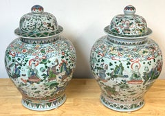 Pair Monumental Chinese Famille Verte Buddhist Ginger Jars, Late Qing Dynasty