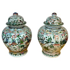 Pair Monumental Chinese Famille Verte Buddhist Ginger Jars, Late Qing Dynasty