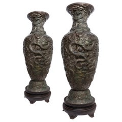 Pair Monumental Chinese Silvered Copper Five Claw Dragon Palace Vases