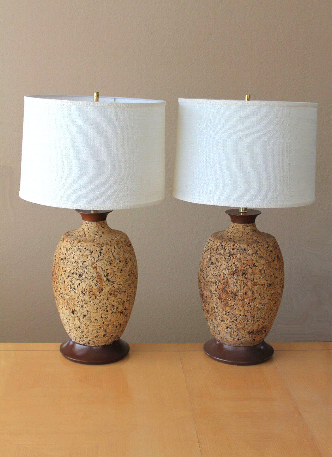 Arts and Crafts Pair! Monumental Cork Mid Century Modern Decorative Lamps 1960s Wood Art For Sale