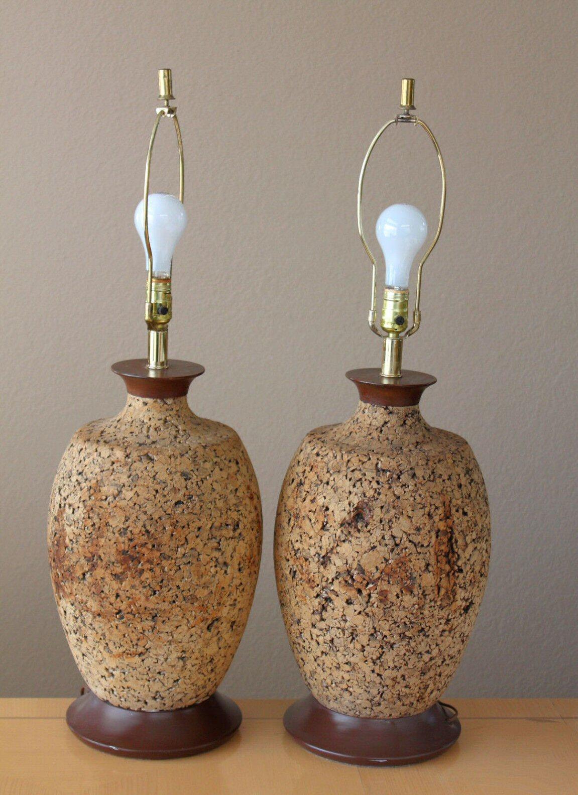 Hand-Crafted Pair! Monumental Cork Mid Century Modern Decorative Lamps 1960s Wood Art For Sale