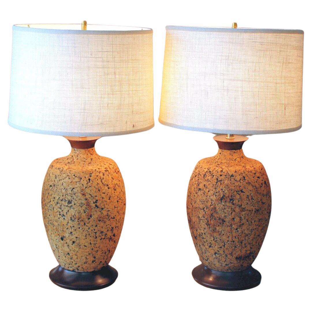 Pair! Monumental Cork Mid Century Modern Decorative Lamps 1960s Wood Art For Sale