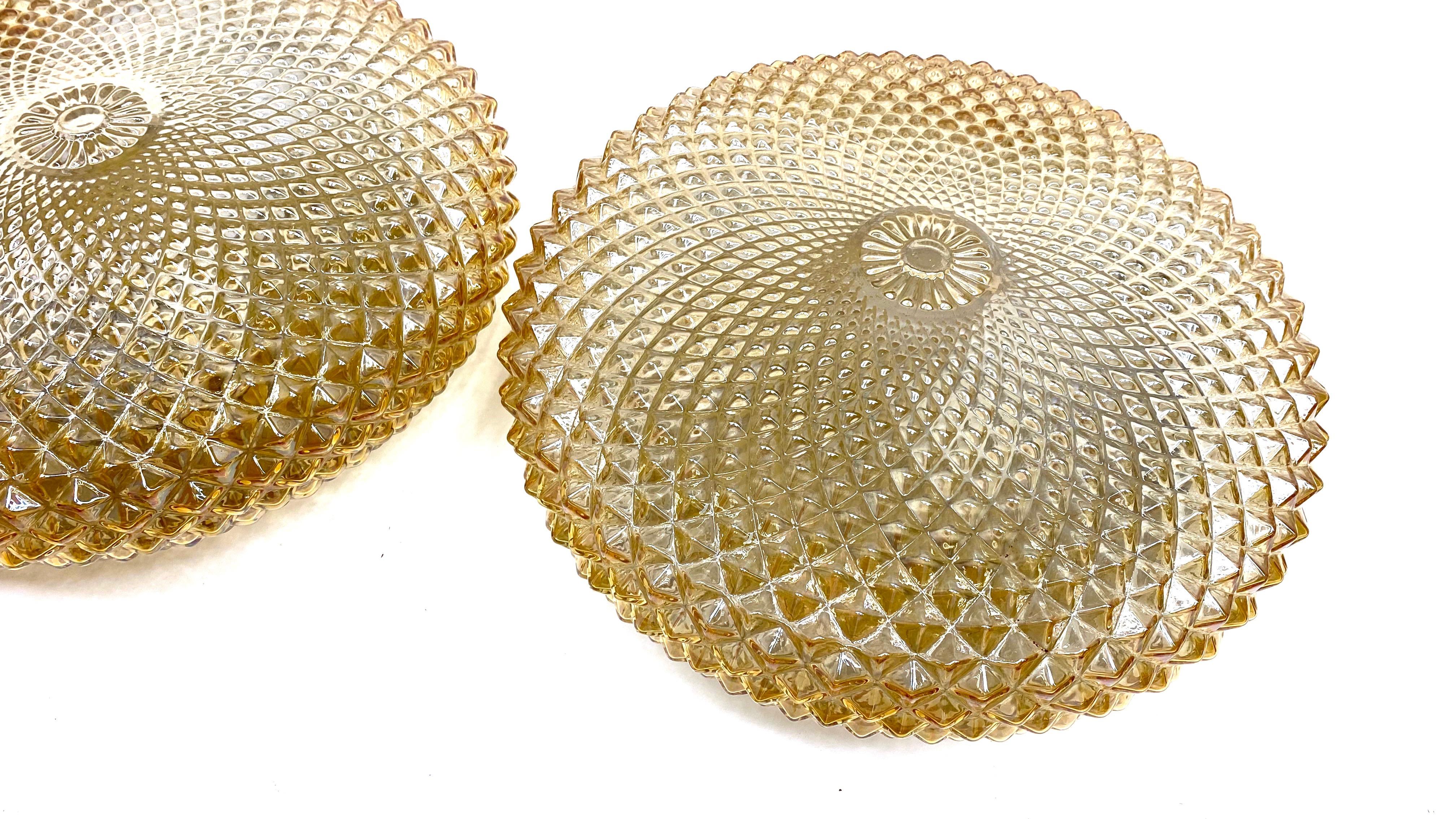 Mid-Century Modern Pair of Monumental Crystal Pattern Amber Glass Flushmount Ceiling Lights, 1960s