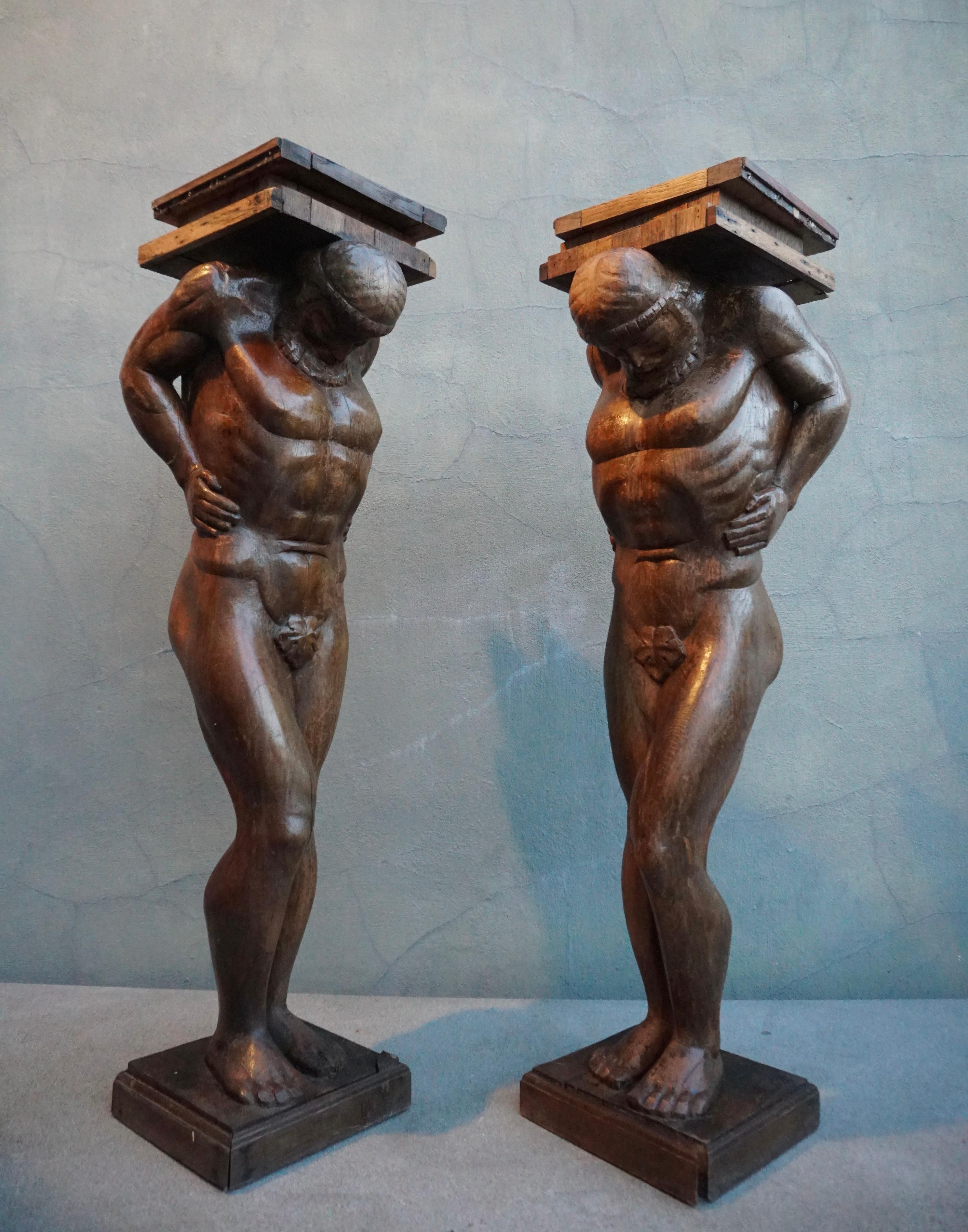 Art Deco Pair Monumental Figural Supports Columns Sculptures Representing Atlas Hercules For Sale