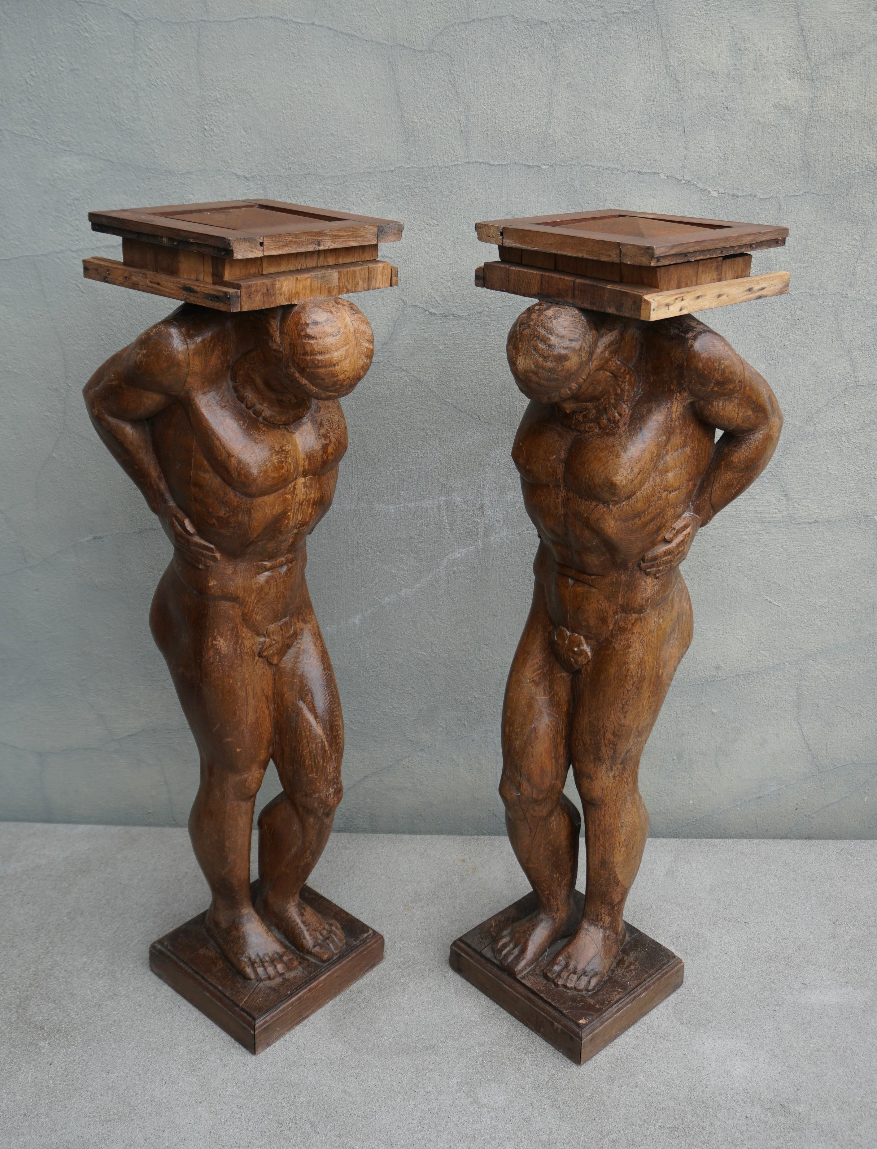 Italian Pair Monumental Figural Supports Columns Sculptures Representing Atlas Hercules For Sale