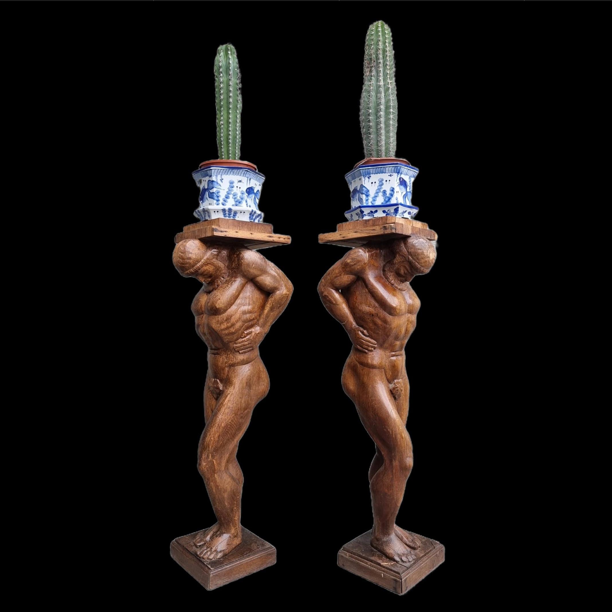 20th Century Pair Monumental Figural Supports Columns Sculptures Representing Atlas Hercules For Sale