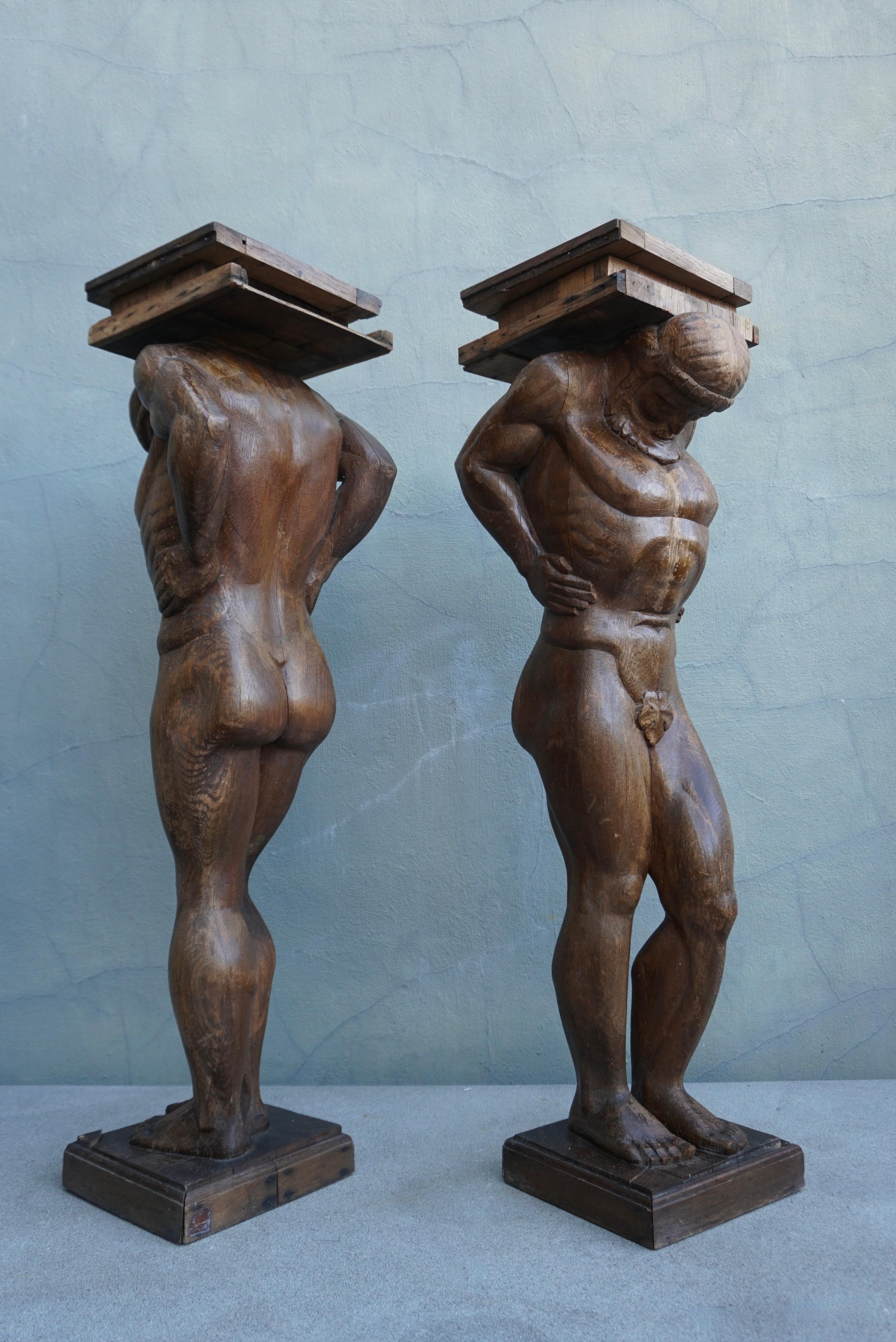 Wood Pair Monumental Figural Supports Columns Sculptures Representing Atlas Hercules For Sale