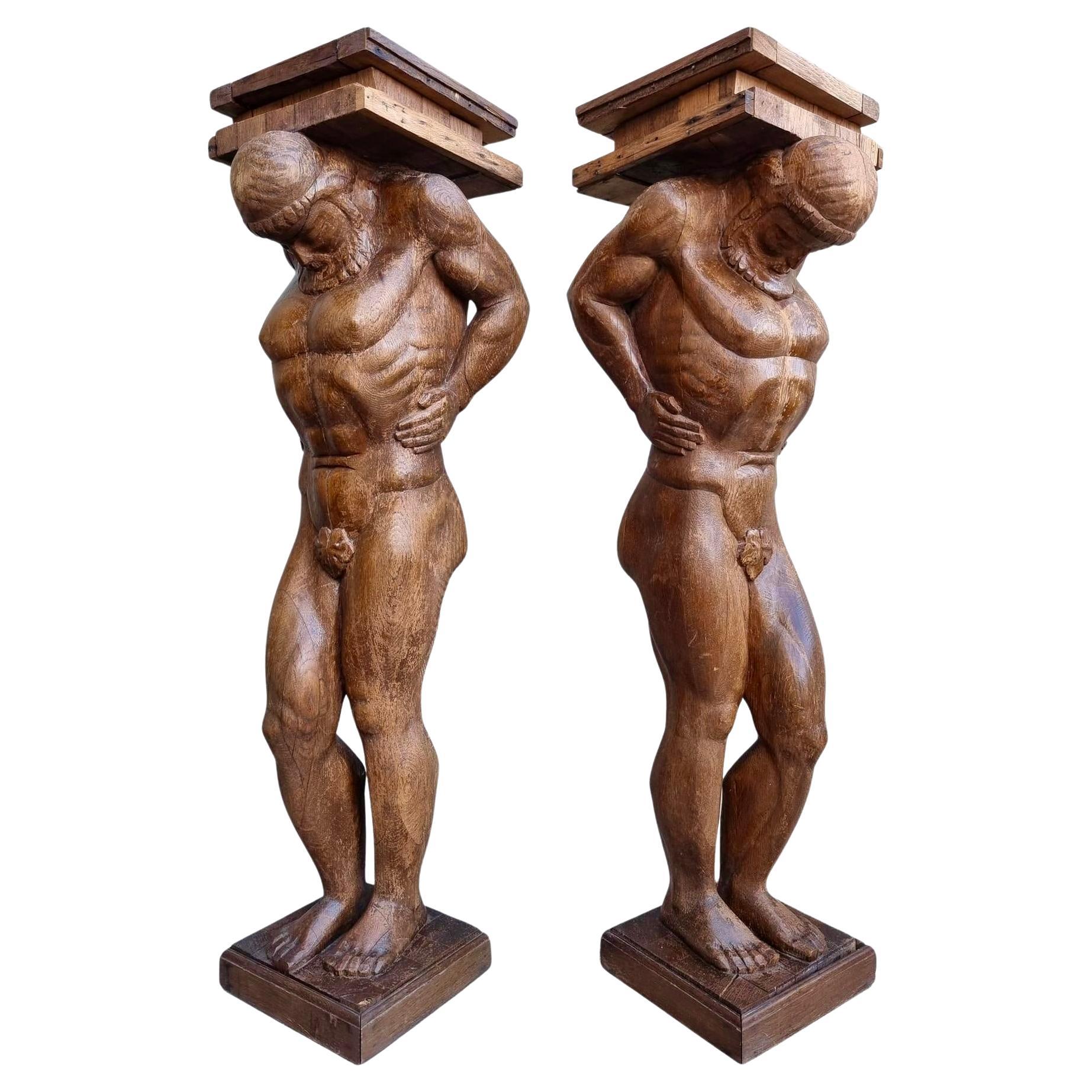 Pair Monumental Figural Supports Columns Sculptures Representing Atlas Hercules For Sale