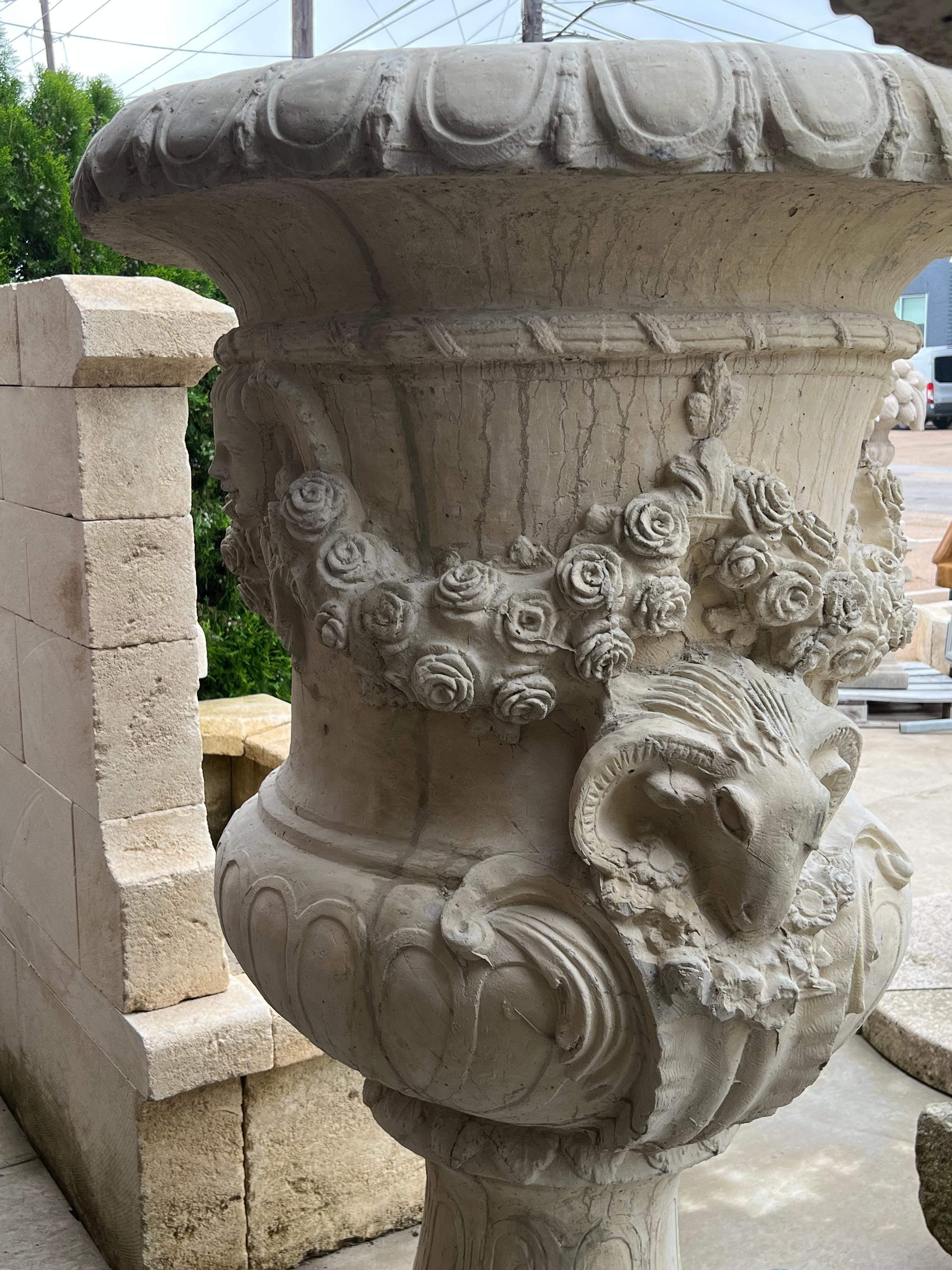 Pair Monumental French Cast Chateau Urns, “Vases du Printemps” For Sale 5