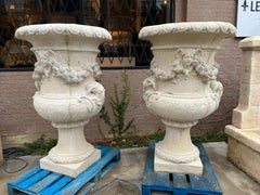 Pair Monumental French Cast Chateau Urns, “Vases du Printemps”