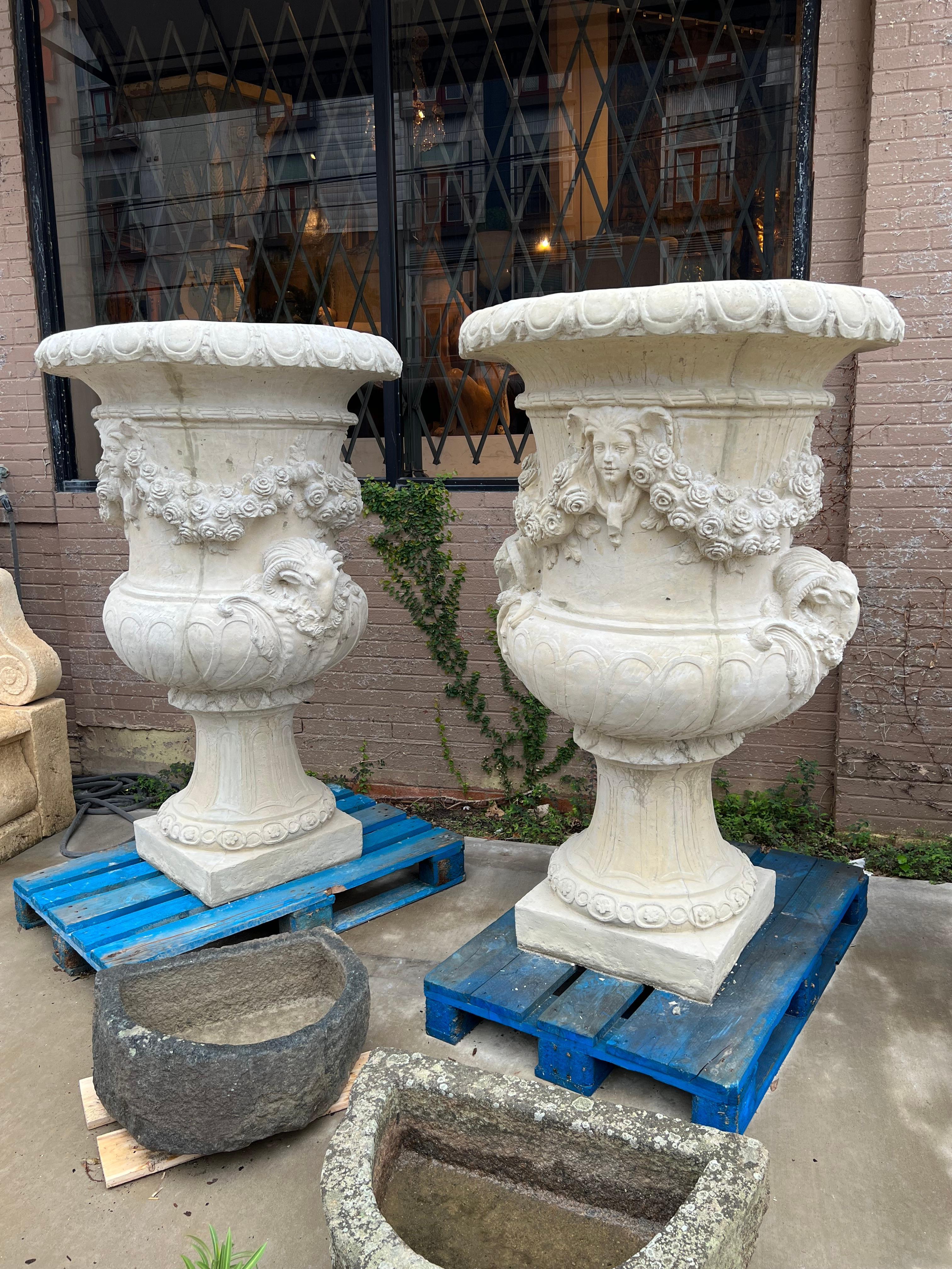 Neoclassical Pair Monumental French Cast Chateau Urns, “Vases du Printemps” For Sale