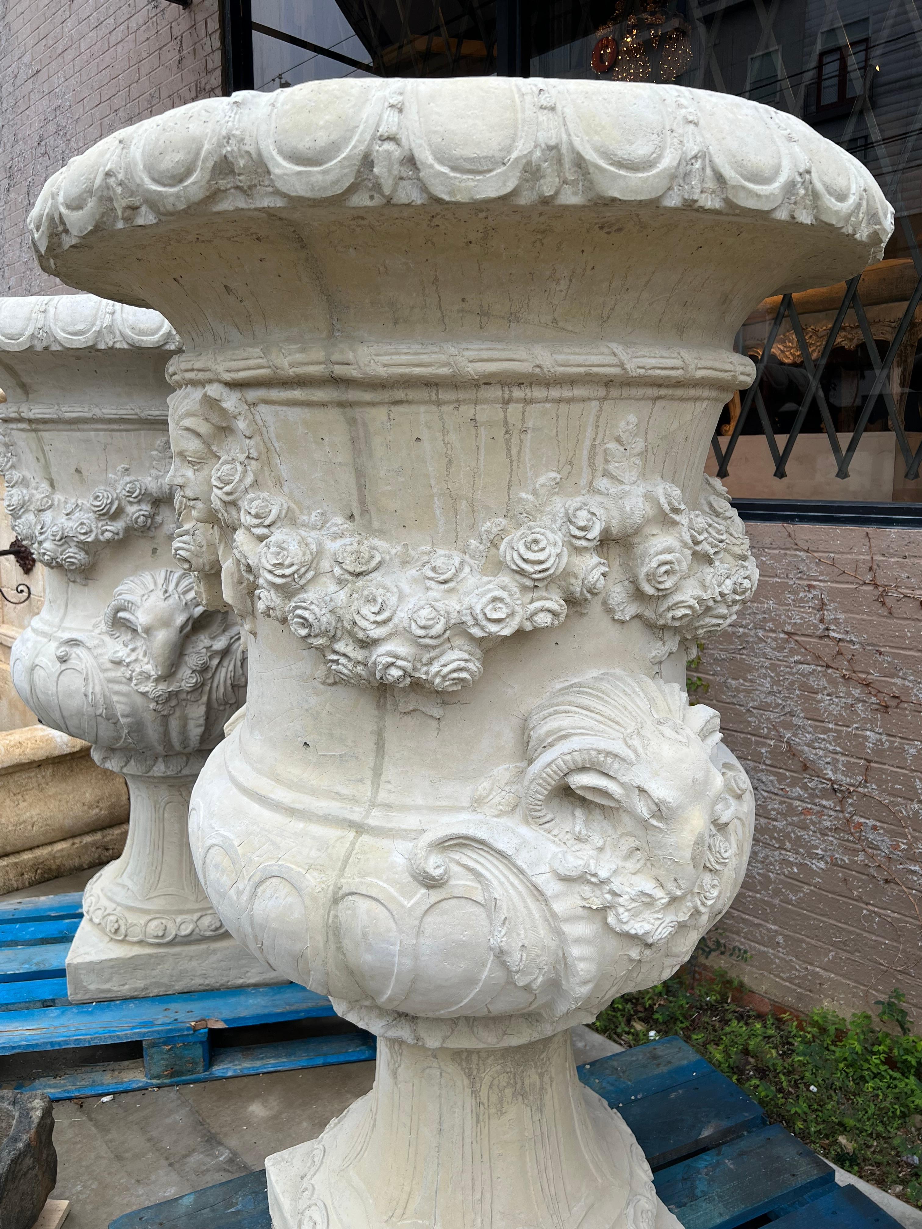 Pair Monumental French Cast Chateau Urns, “Vases du Printemps” In Good Condition For Sale In Dallas, TX