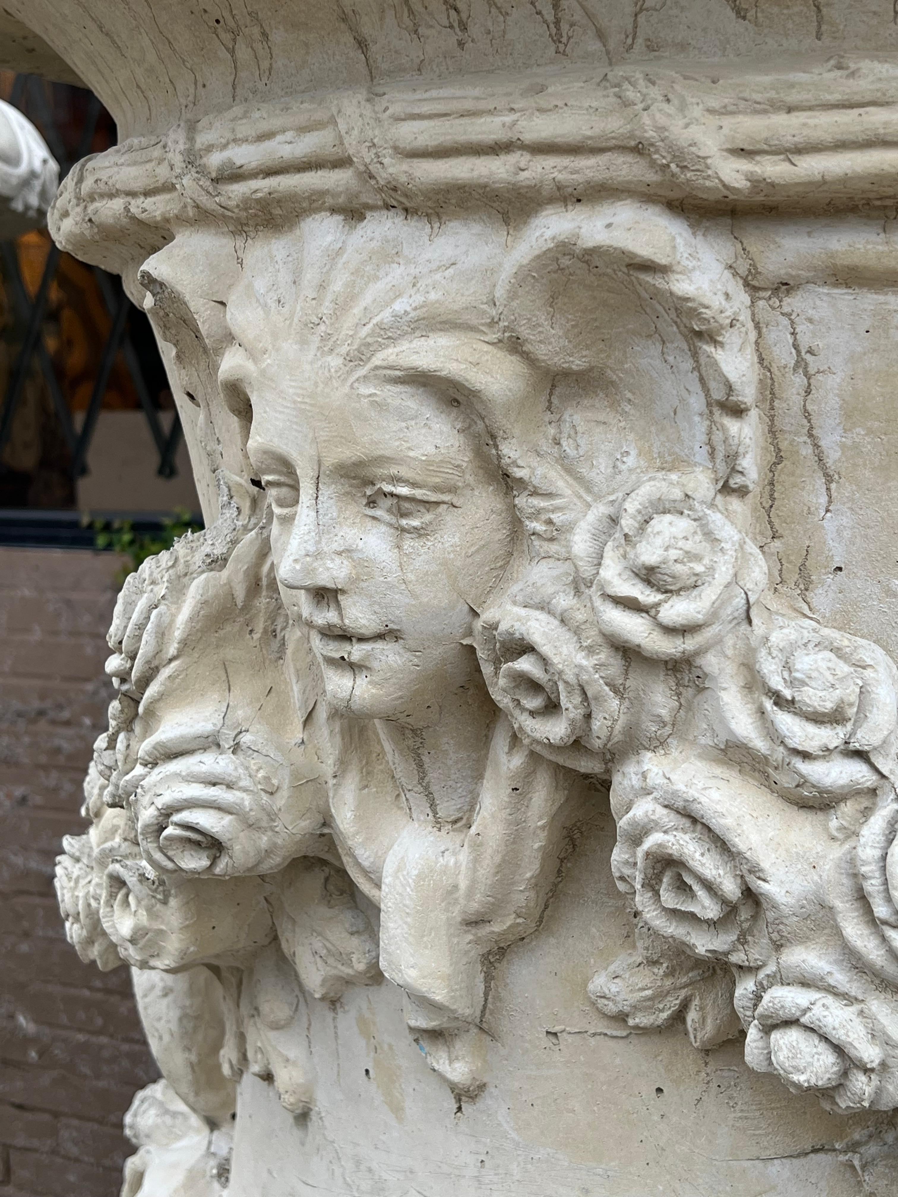 Cement Pair Monumental French Cast Chateau Urns, “Vases du Printemps” For Sale