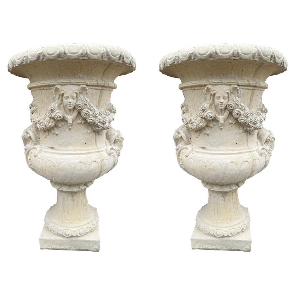 Pair Monumental French Cast Chateau Urns, “Vases du Printemps” For Sale