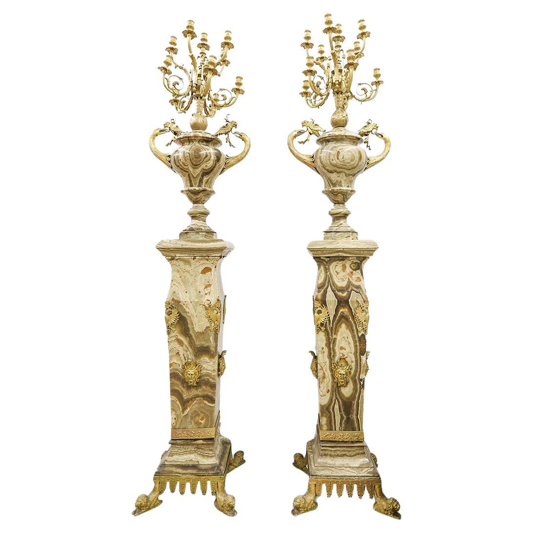 Pair Monumental Gilt Bronze and Marble Torchieres For Sale