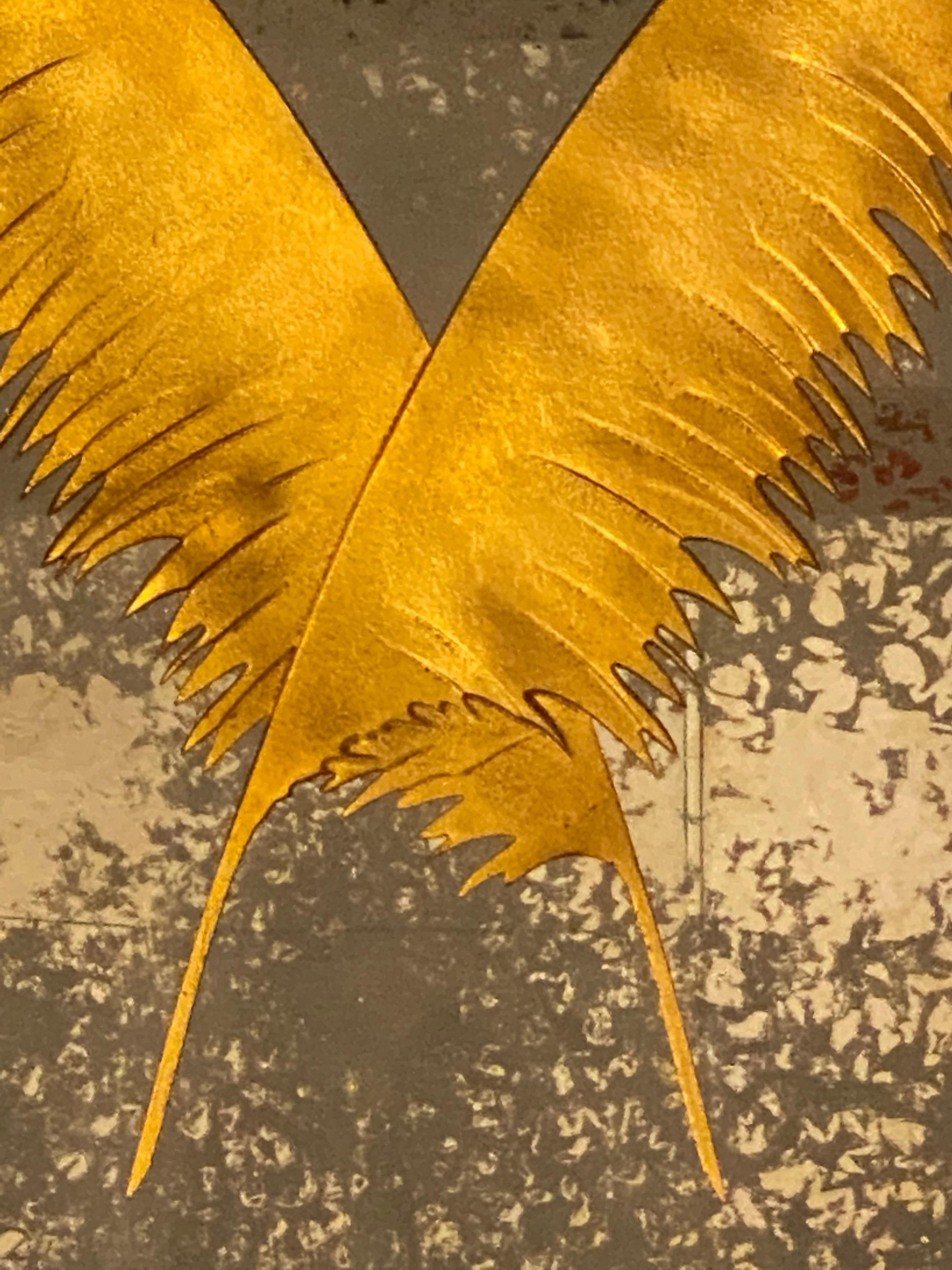 Pair Monumental Hollywood Regency Eglomise Feathers with Fleur De Lis Engravings 4