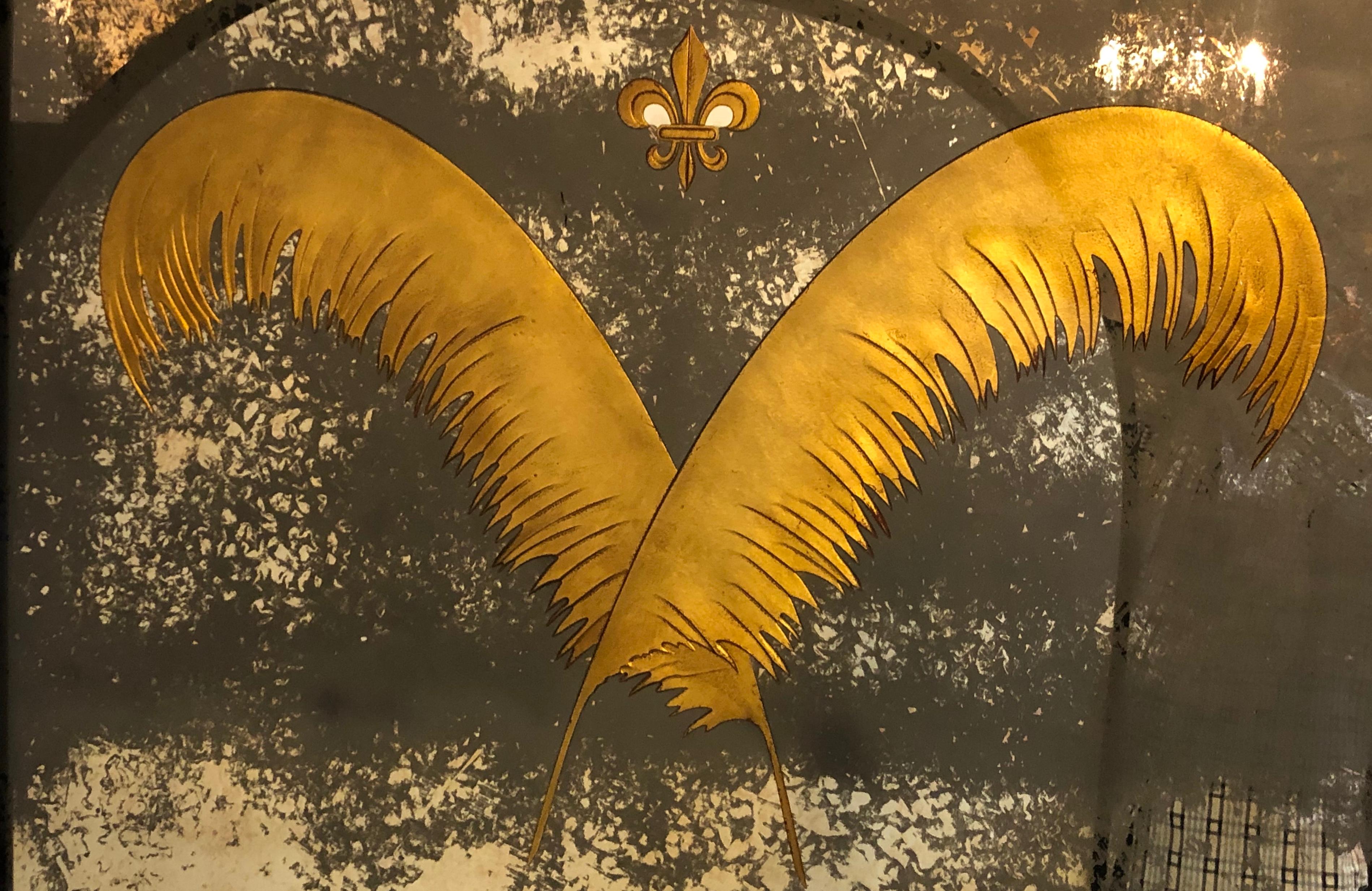 Mirror Pair Monumental Hollywood Regency Eglomise Feathers with Fleur De Lis Engravings