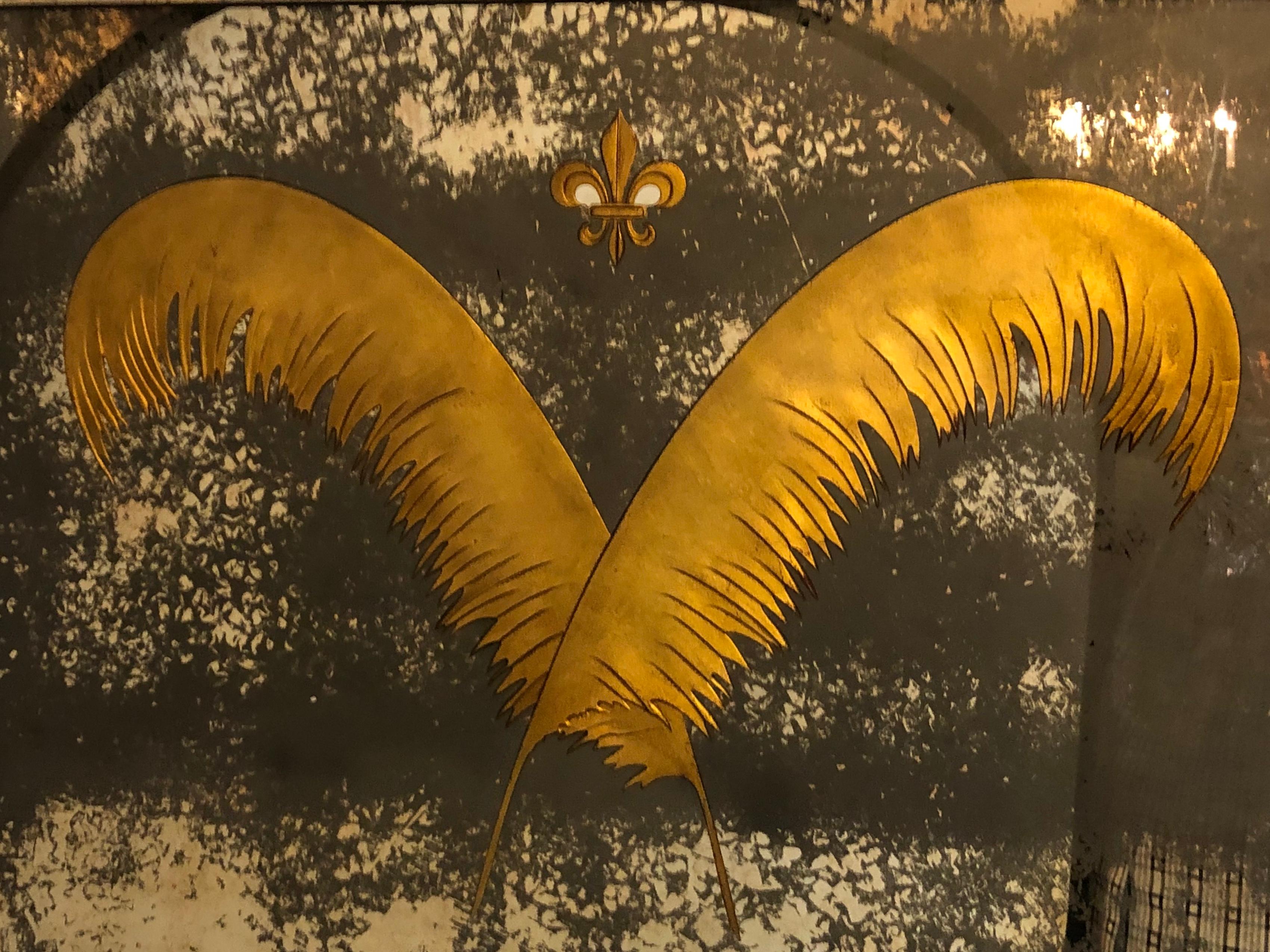 Pair Monumental Hollywood Regency Eglomise Feathers with Fleur De Lis Engravings 1