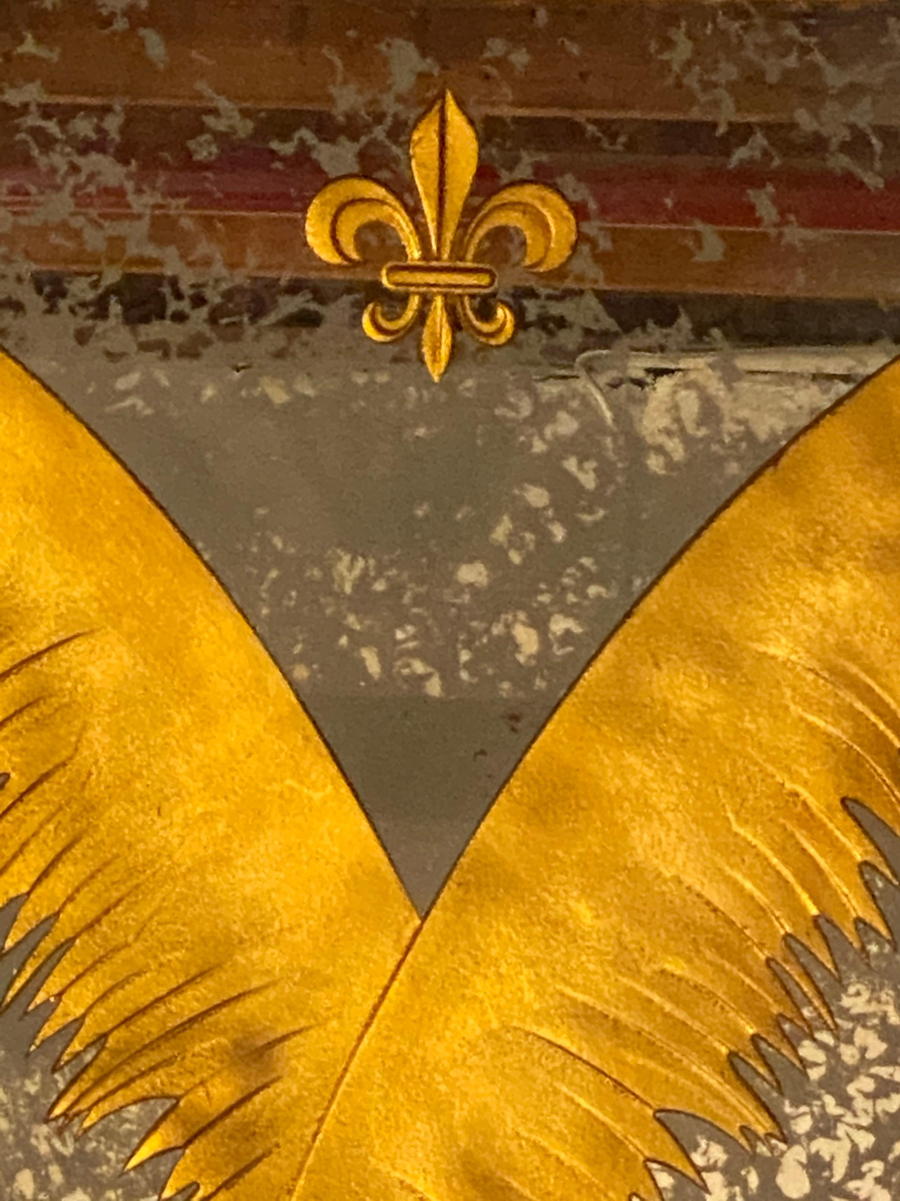 Pair Monumental Hollywood Regency Eglomise Feathers with Fleur De Lis Engravings 2