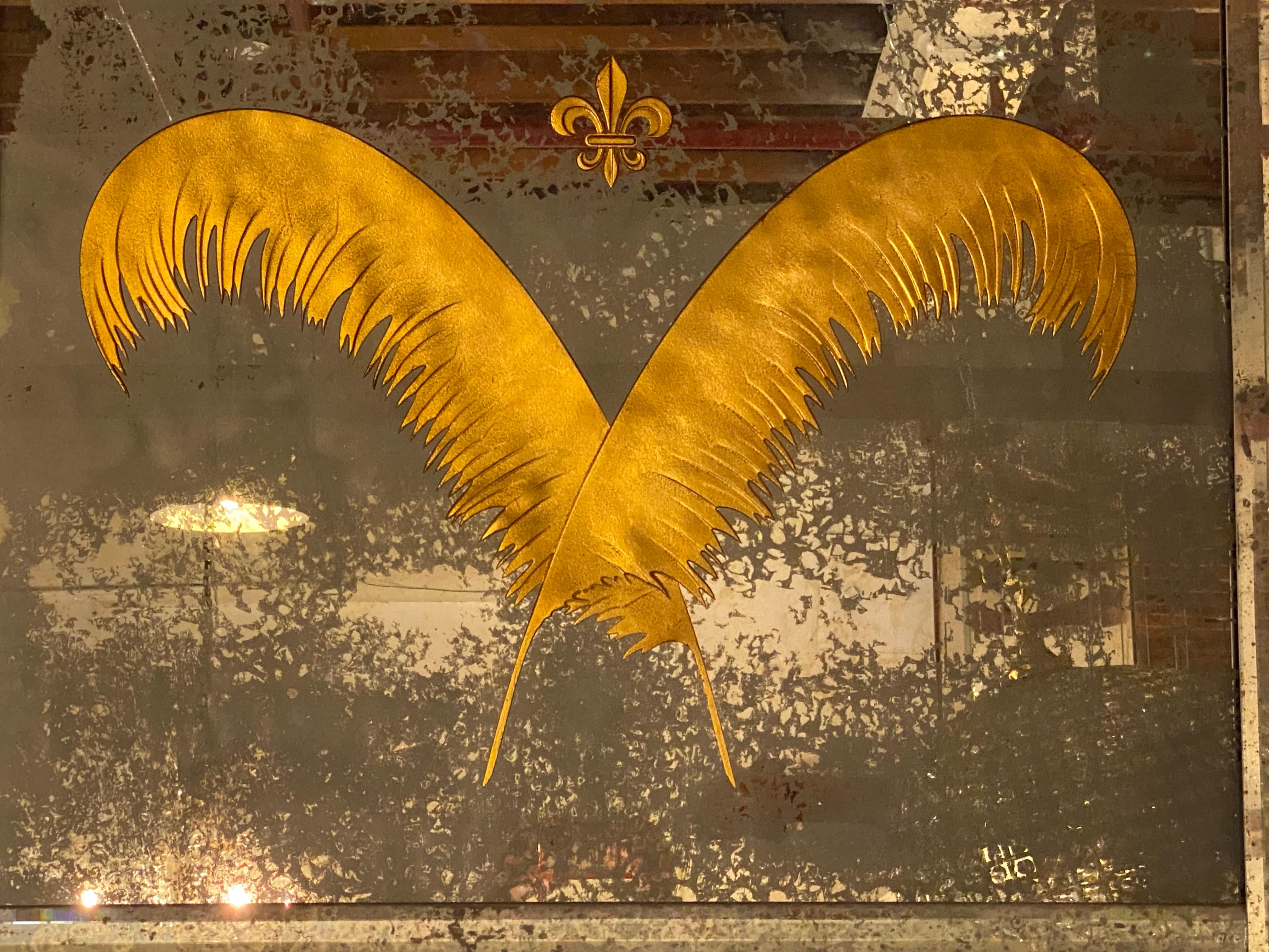 Pair Monumental Hollywood Regency Eglomise Feathers with Fleur De Lis Engravings 3