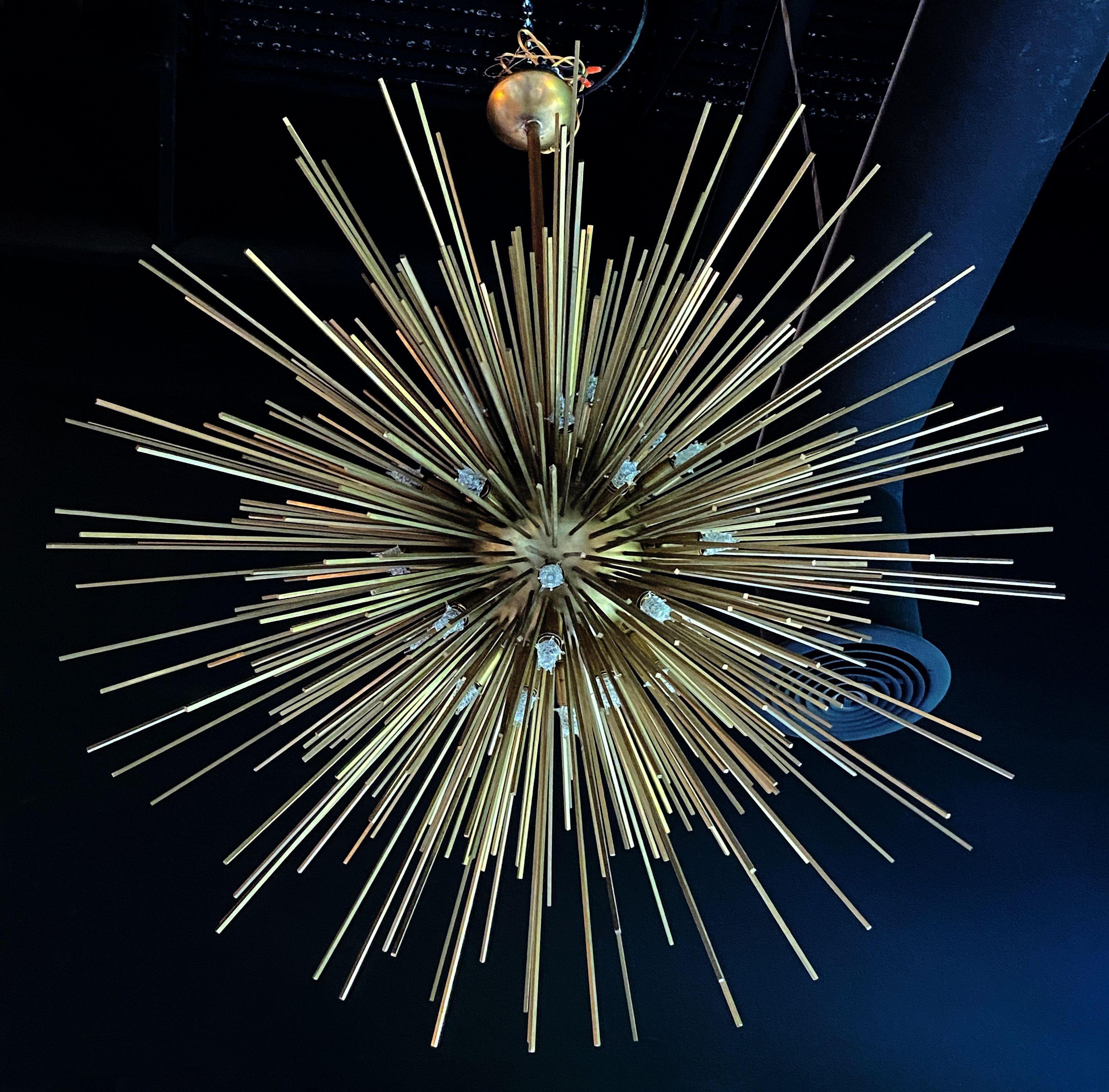 Pair Monumental Italian Modern Brass Sputnik Chandeliers For Sale 1