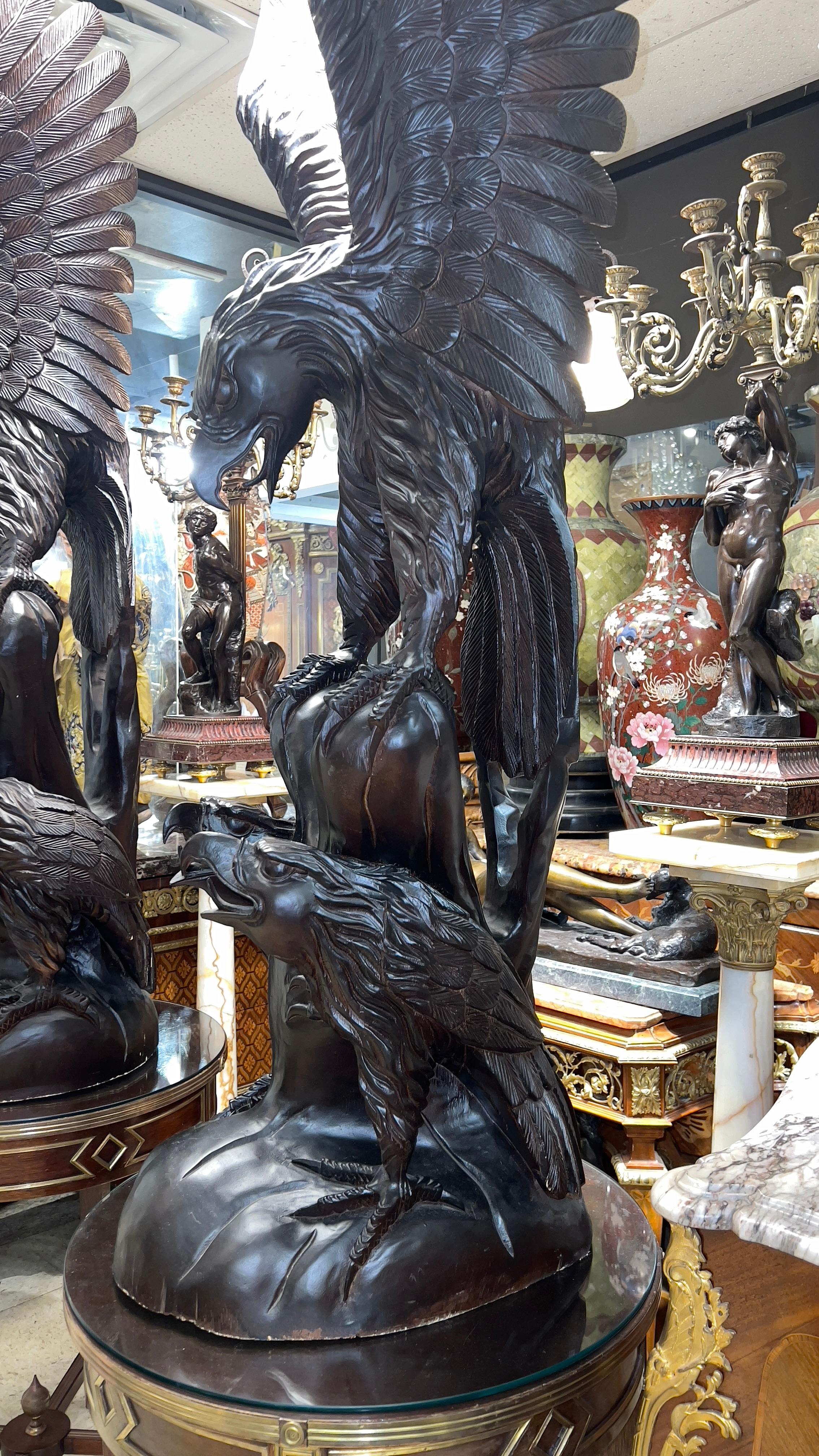 Pair Monumental Chinese Carved Wooden Eagle Statues For Sale 4