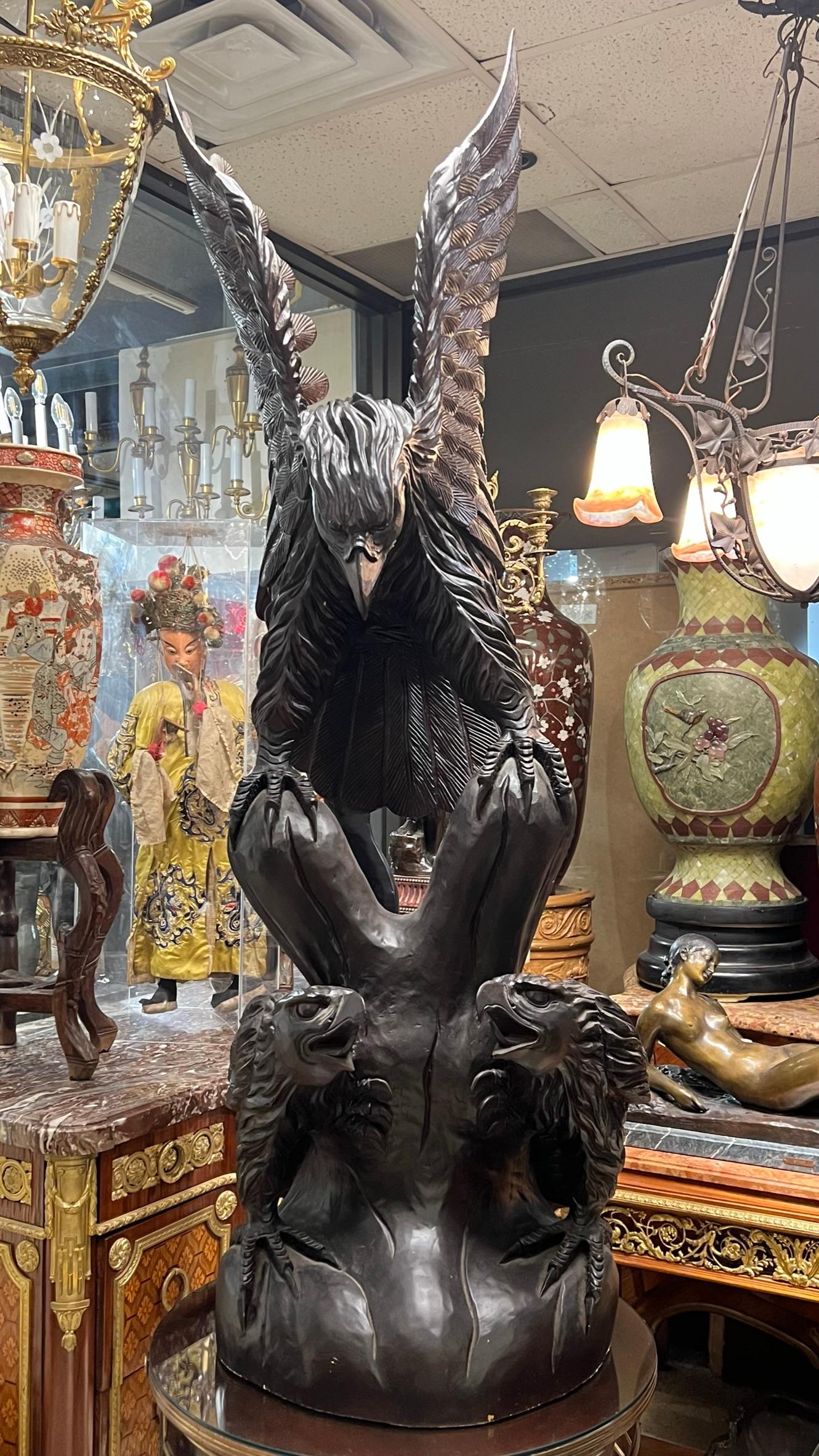 Hand-Carved Pair Monumental Chinese Carved Wooden Eagle Statues For Sale