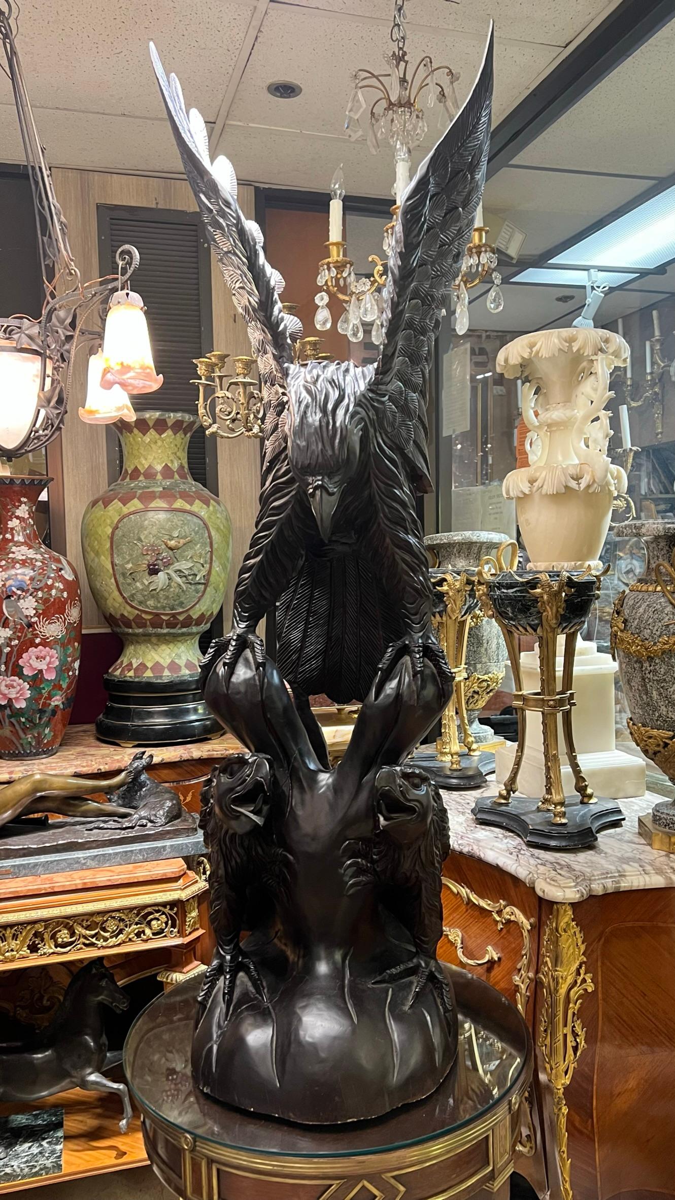 Hand-Carved Pair Monumental Chinese Carved Wooden Eagle Statues For Sale