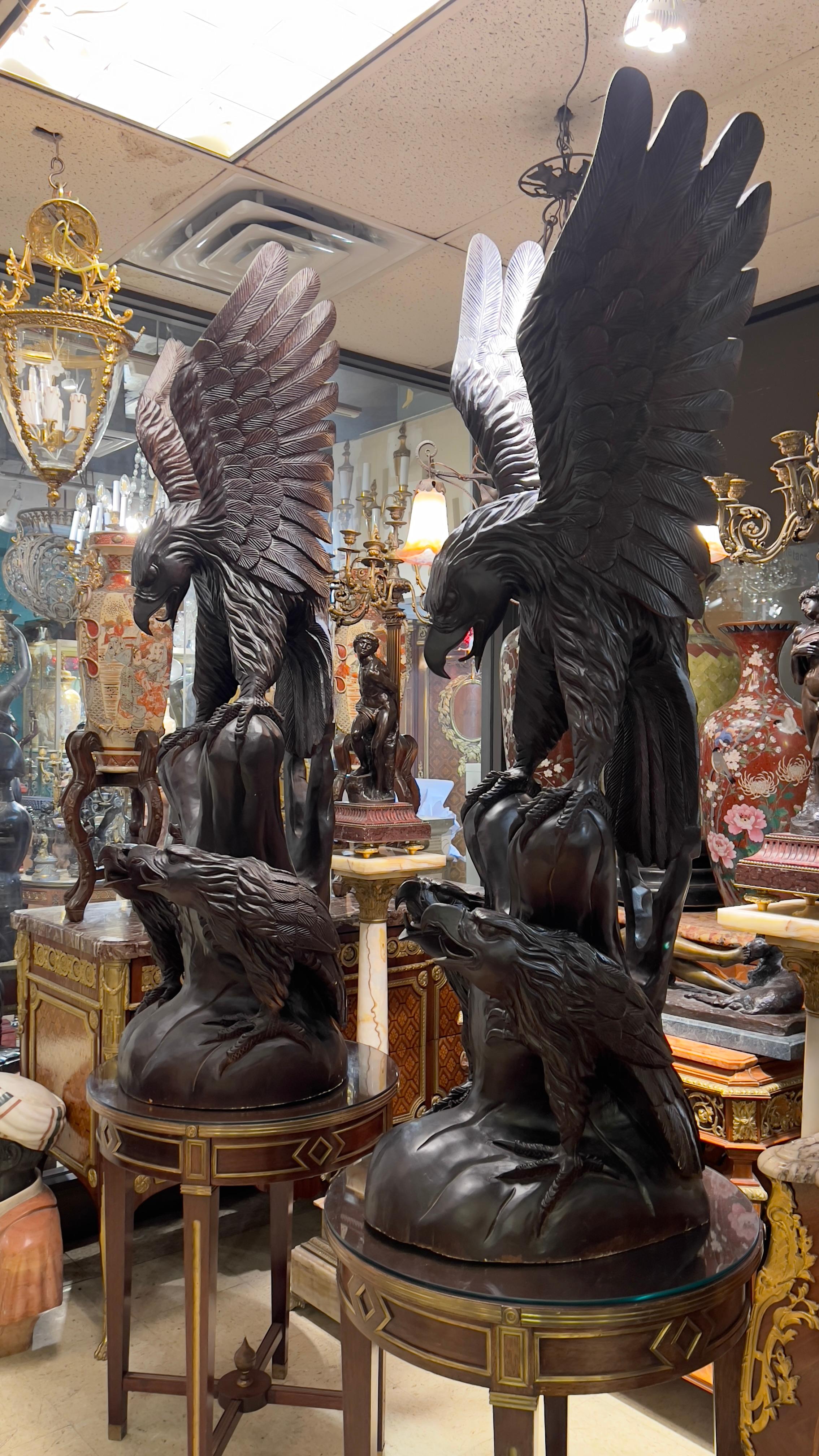 Pair Monumental Chinese Carved Wooden Eagle Statues In Good Condition For Sale In New York, NY