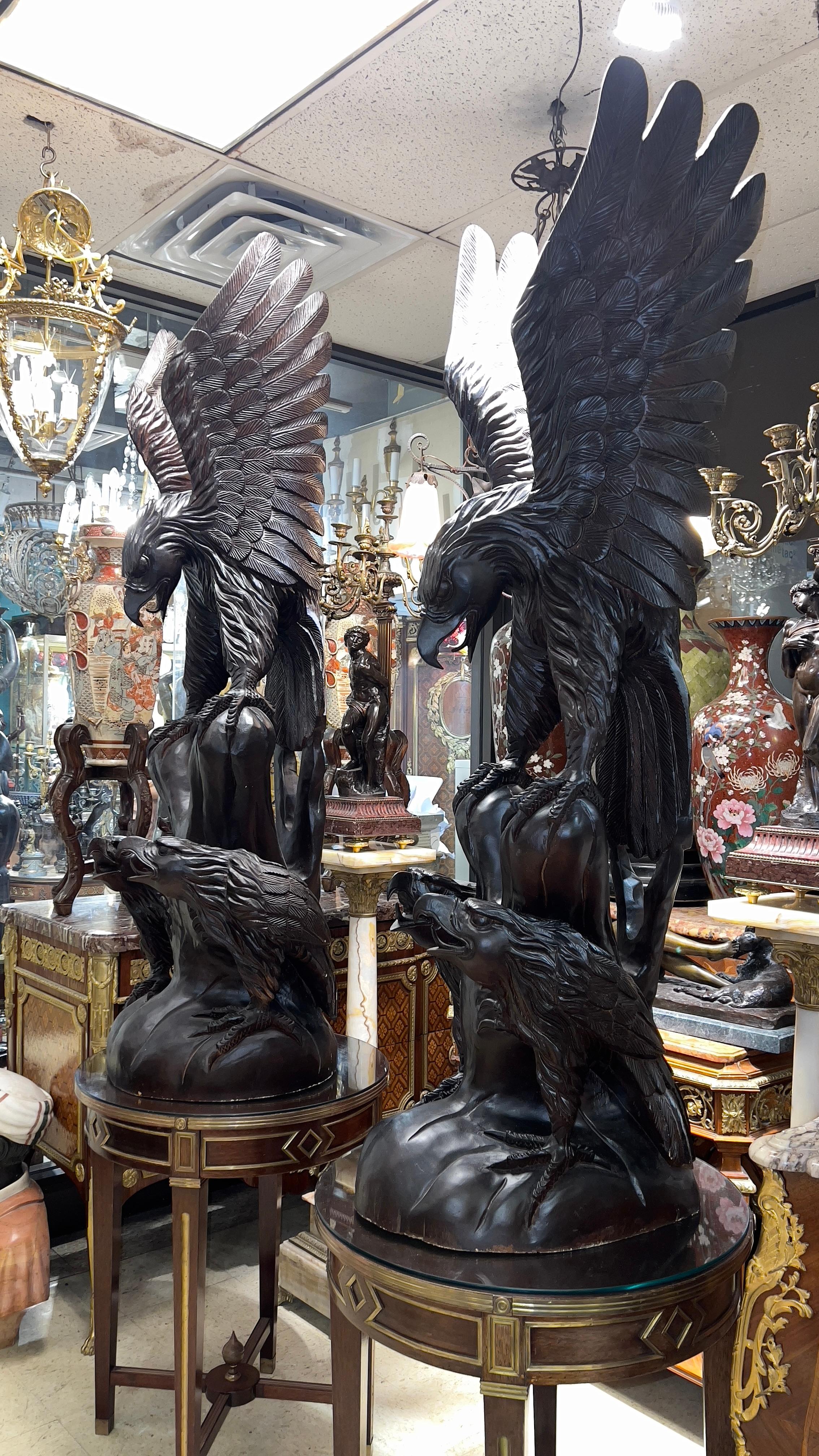 Pair Monumental Chinese Carved Wooden Eagle Statues For Sale 1