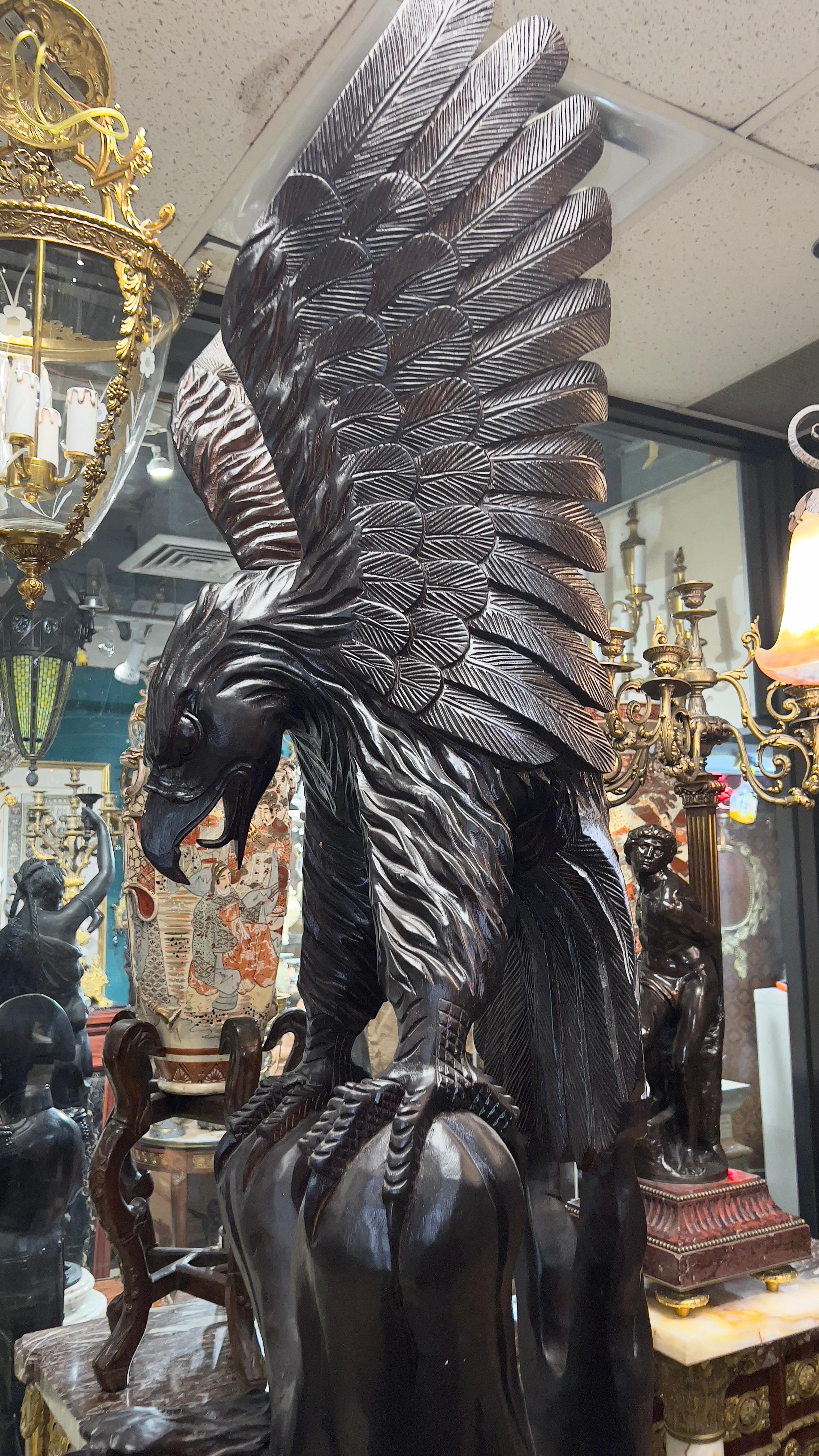 Pair Monumental Chinese Carved Wooden Eagle Statues For Sale 2