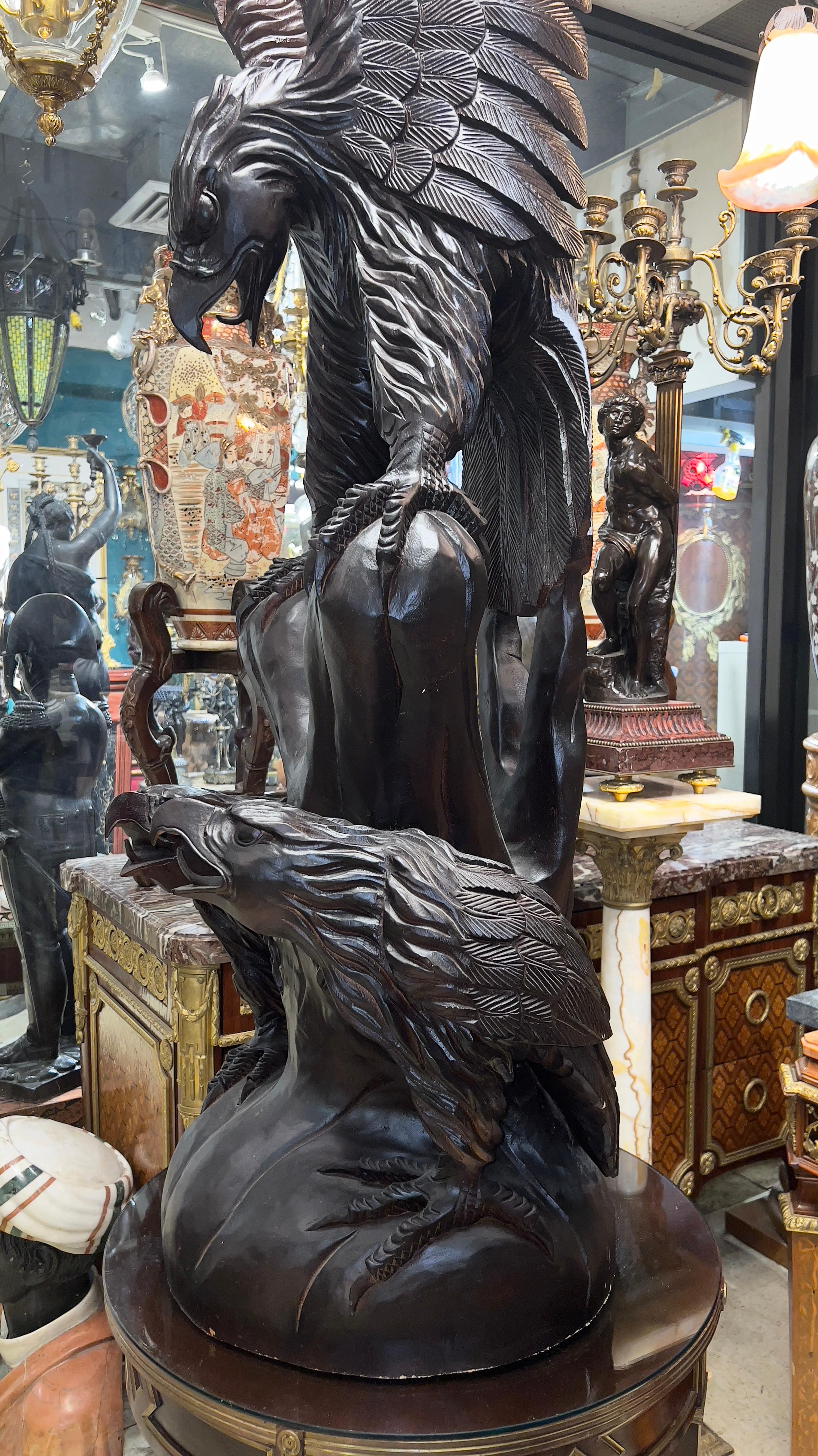 Pair Monumental Chinese Carved Wooden Eagle Statues For Sale 3