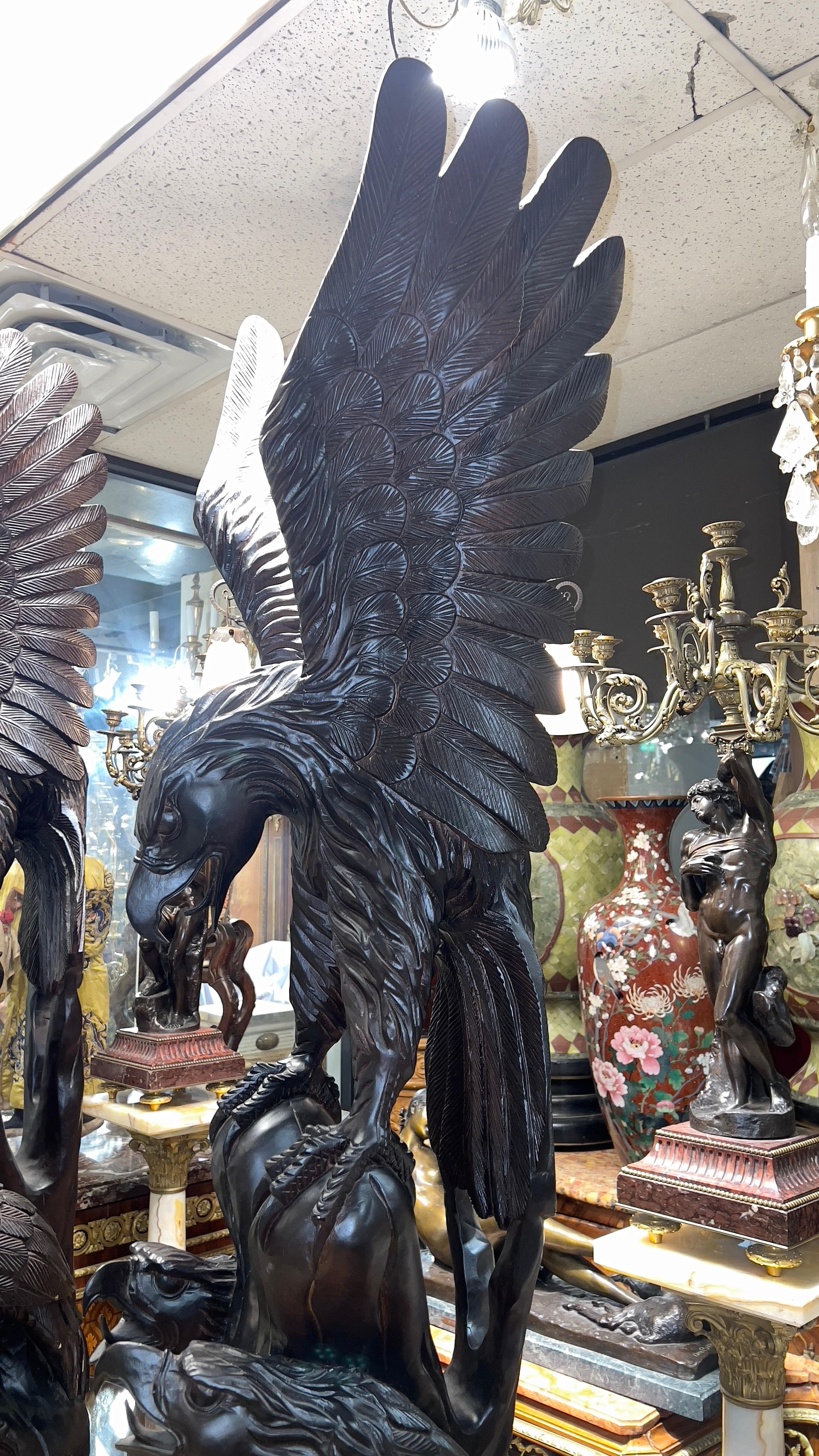Pair Monumental Chinese Carved Wooden Eagle Statues For Sale 4