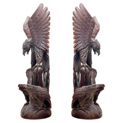 Pair Monumental Japanese Meiji Period Carved Wood Eagle Statues