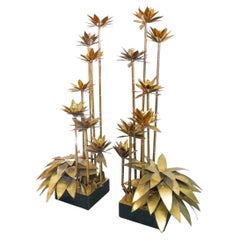Pair Monumental Palm Tree Brass Floor Lamps