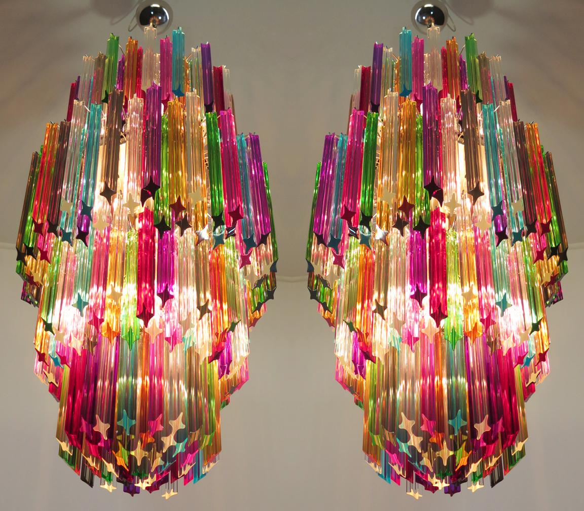 Pair of Fantastic vintage Murano chandelier made by 242 Murano crystal multicolored prism (QUADRIEDRI) on four levels in a nickel metal frame. The glasses are transparent, blue, smoky, purple, green, yellow and pink. The glasses have two different
