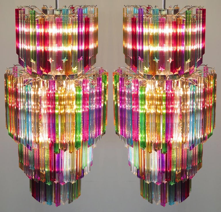 Pair of Monumental Multicolored Prism Chandeliers. Murano, 1990s For