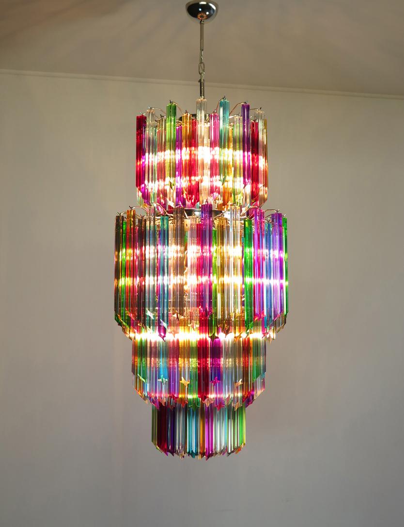 Late 20th Century Pair of Monumental Multicolored Prism Chandeliers, Murano For Sale