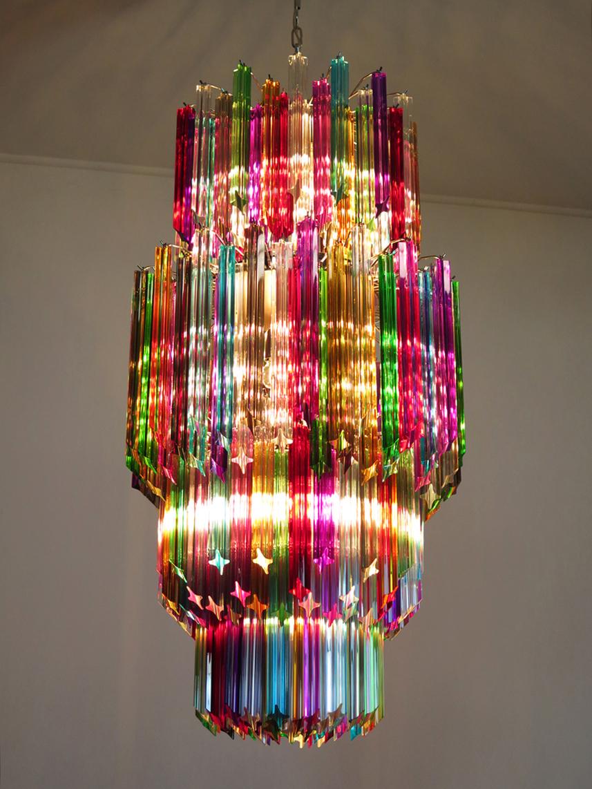 Metal Pair of Monumental Multicolored Prism Chandeliers, Murano For Sale