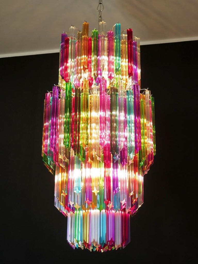Pair of Monumental Multicolored Prism Chandeliers. Murano, 1990s For