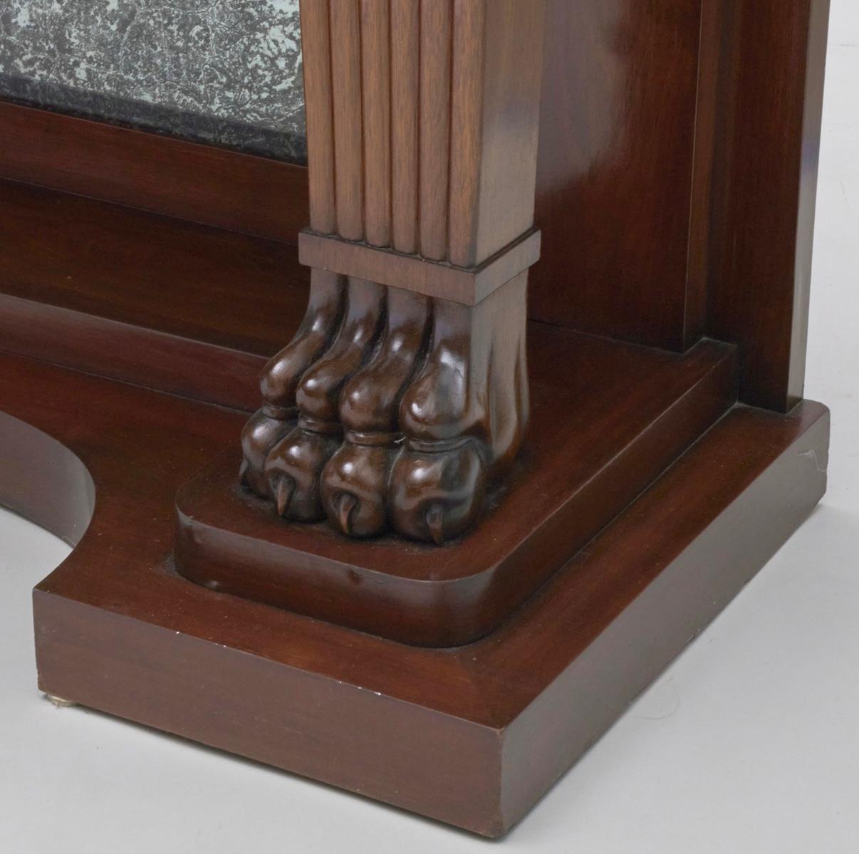 Pair, Monumental Neoclassical Carved, Mirrored Back & Marble Top Console Tables For Sale 4