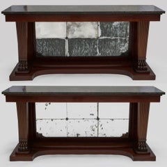 Pair of Monumental Neoclassical Style Mirrored Back & Marble Top Console Tables
