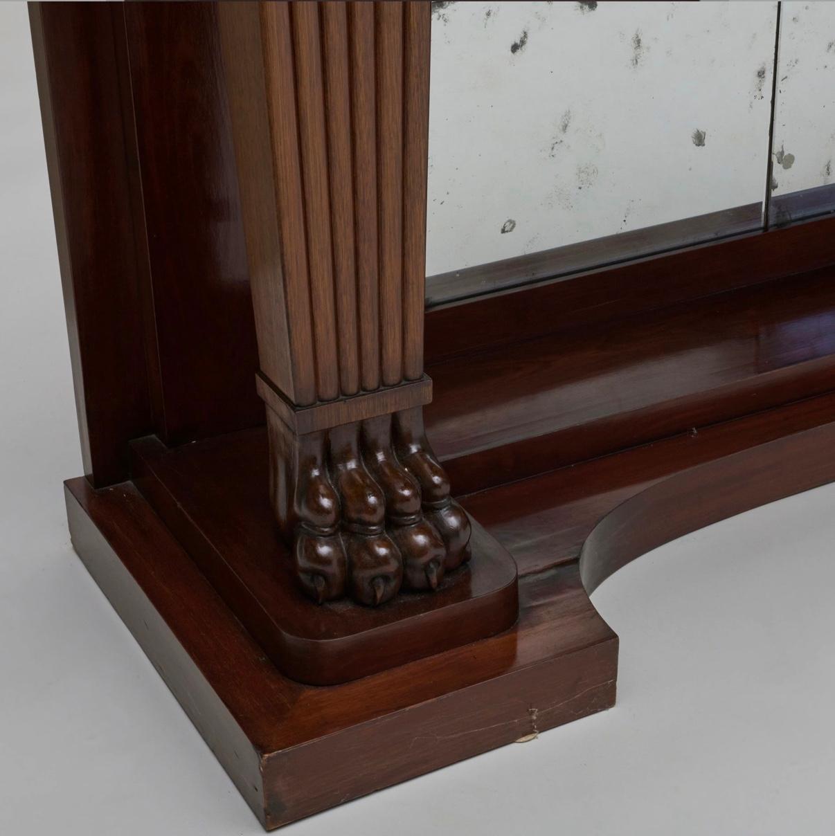 English Pair, Monumental Neoclassical Carved, Mirrored Back & Marble Top Console Tables For Sale
