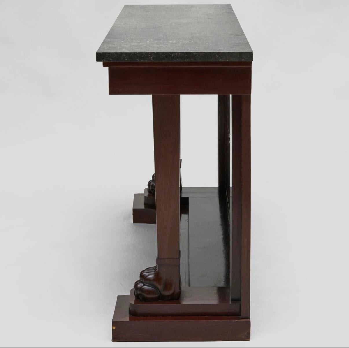 Pair, Monumental Neoclassical Carved, Mirrored Back & Marble Top Console Tables In Good Condition For Sale In Atlanta, GA