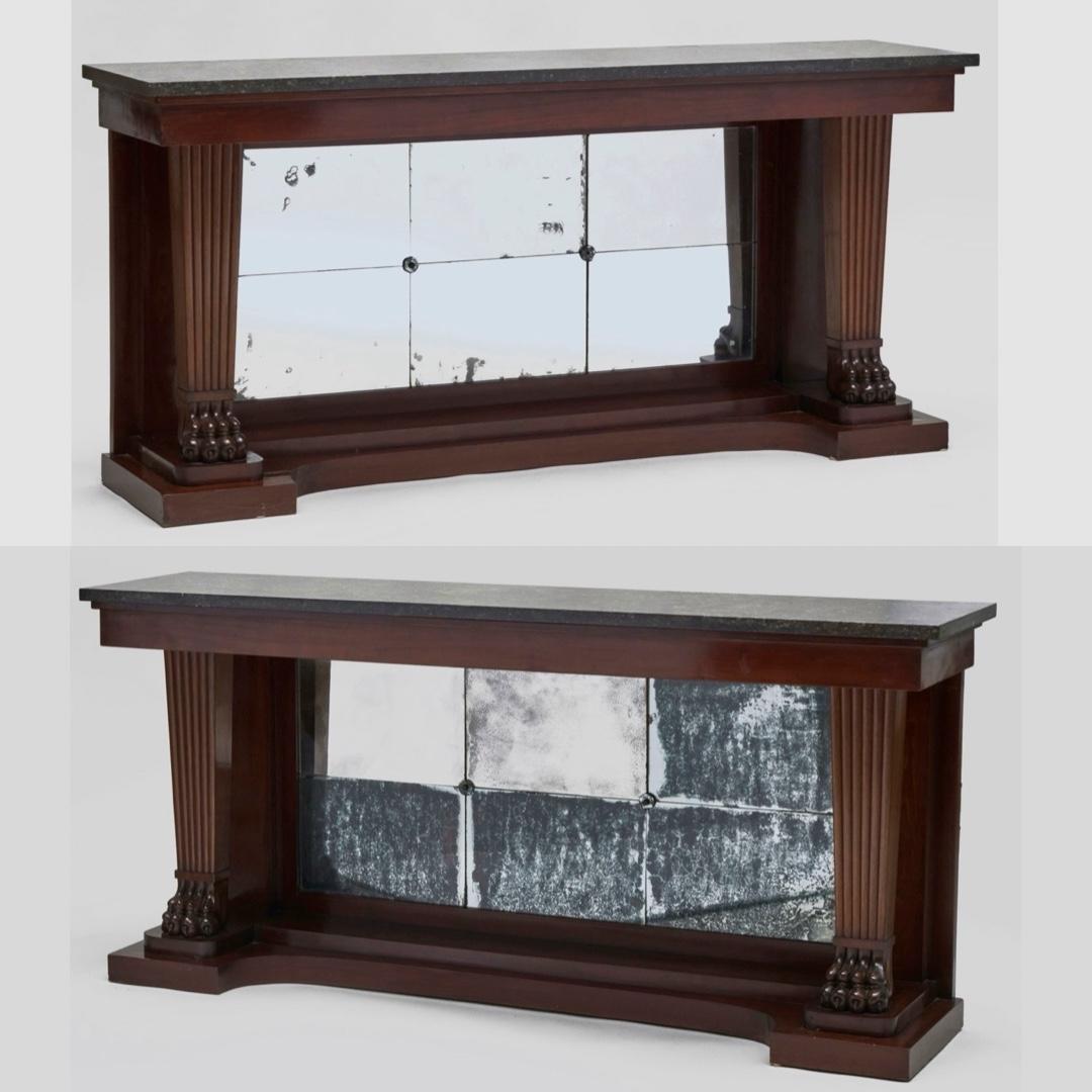 Pair, Monumental Neoclassical Carved, Mirrored Back & Marble Top Console Tables