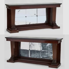 Antique Pair, Monumental Neoclassical Carved, Mirrored Back & Marble Top Console Tables