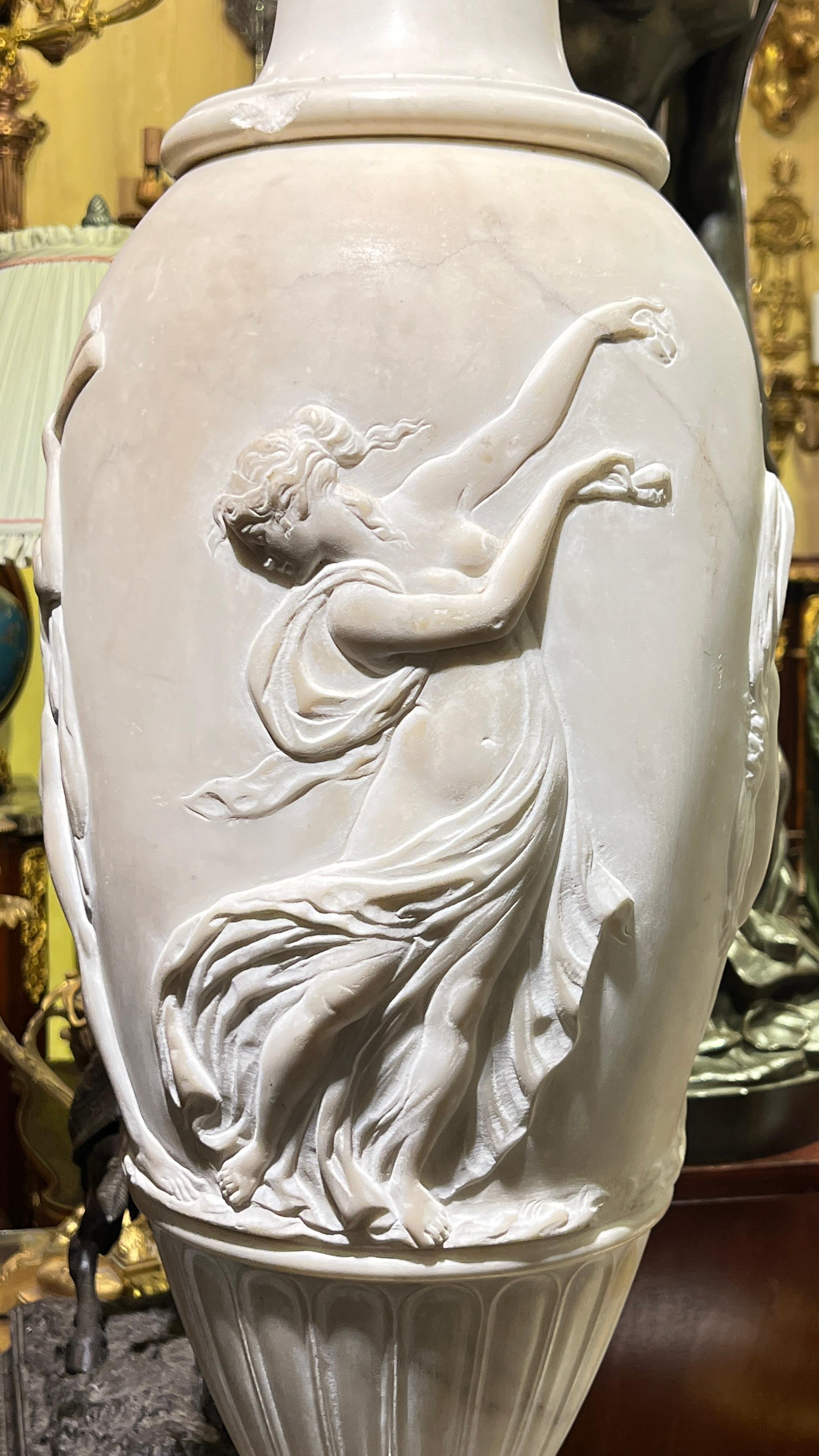 Pair Monumental Neoclassical Carved White Marble Urns For Sale 9