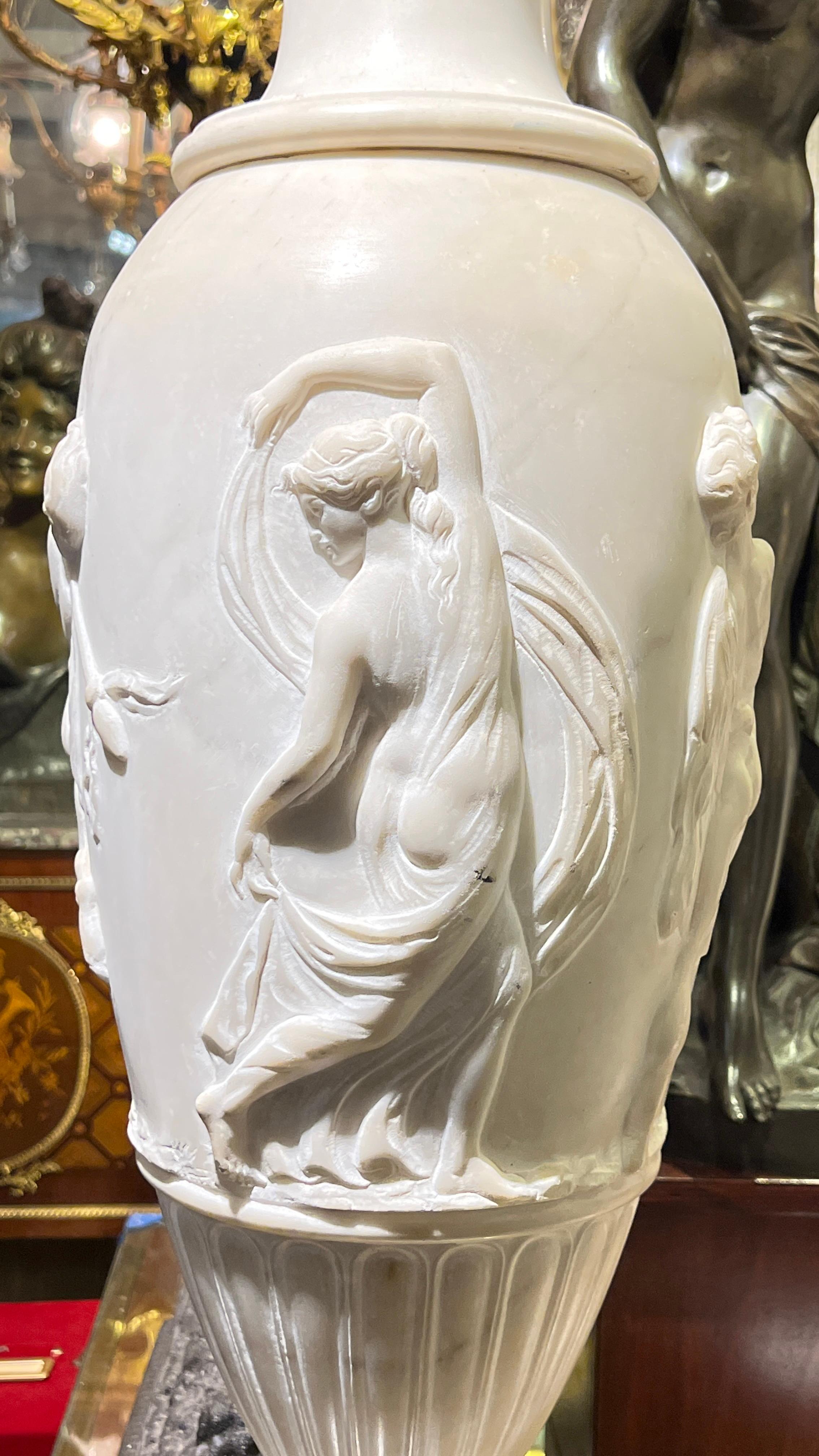Pair Monumental Neoclassical Carved White Marble Urns For Sale 10